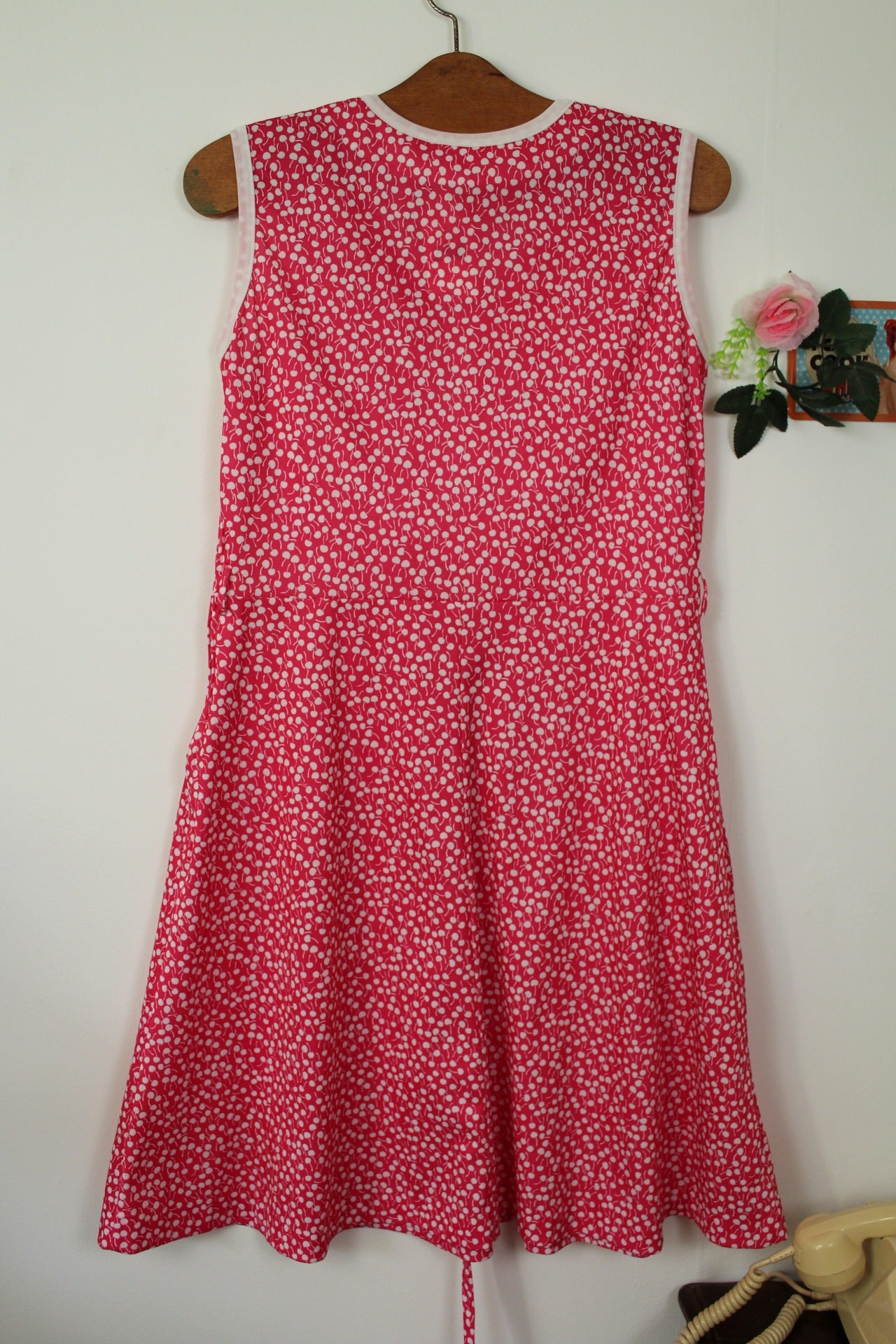 🌸🍒Robe vintage 70's rose pep's motif petites cerises style pin-up🍒🌸
