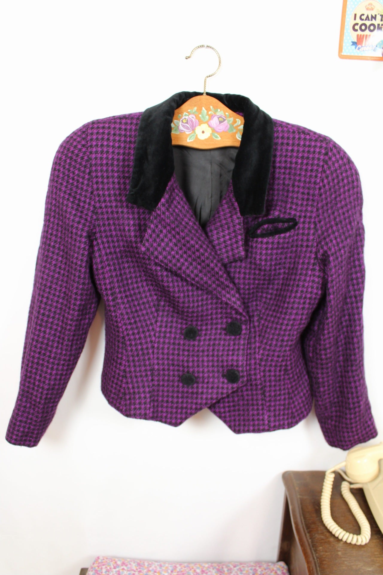🌸🍒Veste vintage 80's pure laine pieds de poule violette & velours noir - Made in Italy - Taille 38🍒🌸