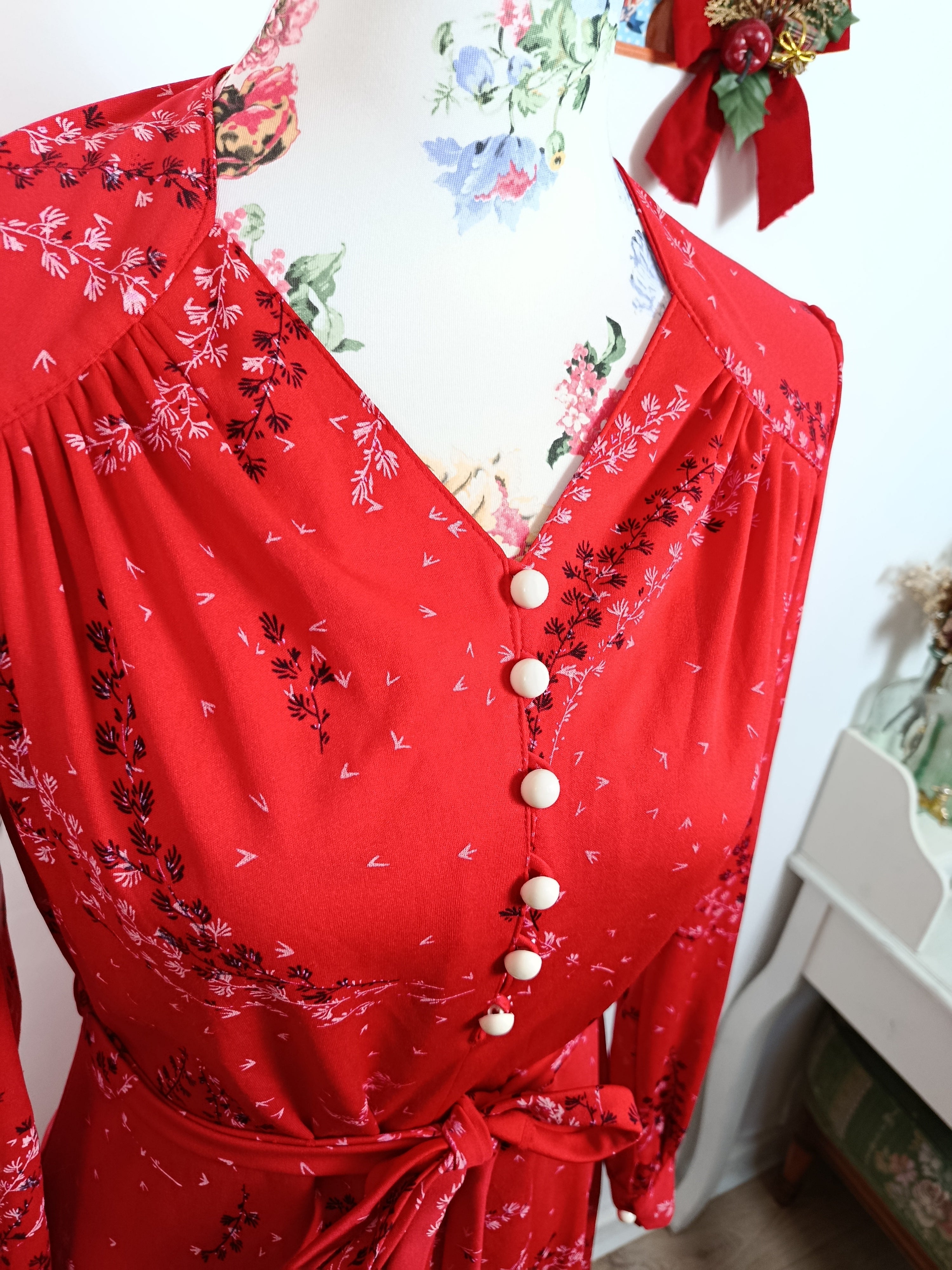 ✨Robe rouge vintage 70's Basma - branchage fleuri esprit Noël parisienne chic✨