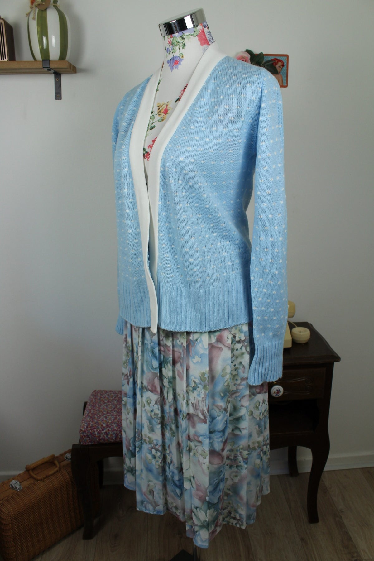 Cardigan pull vintage années 80 bleu ciel pep's à pois blanc - Taille 38