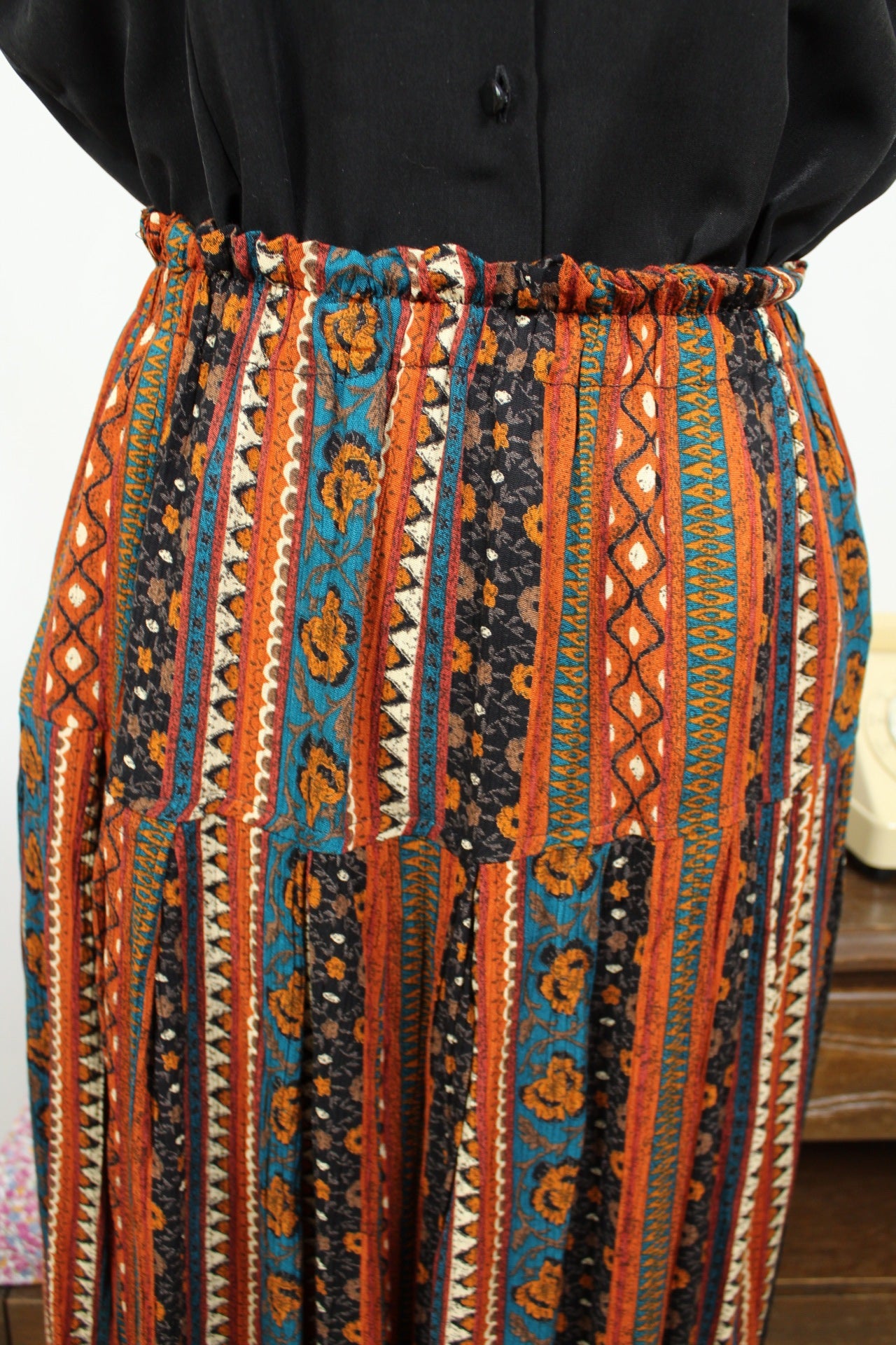 🌸🍒Jupe midi vintage 70's bohème folk terracotta & turquoise - Taille 36 à 40🍒🌸