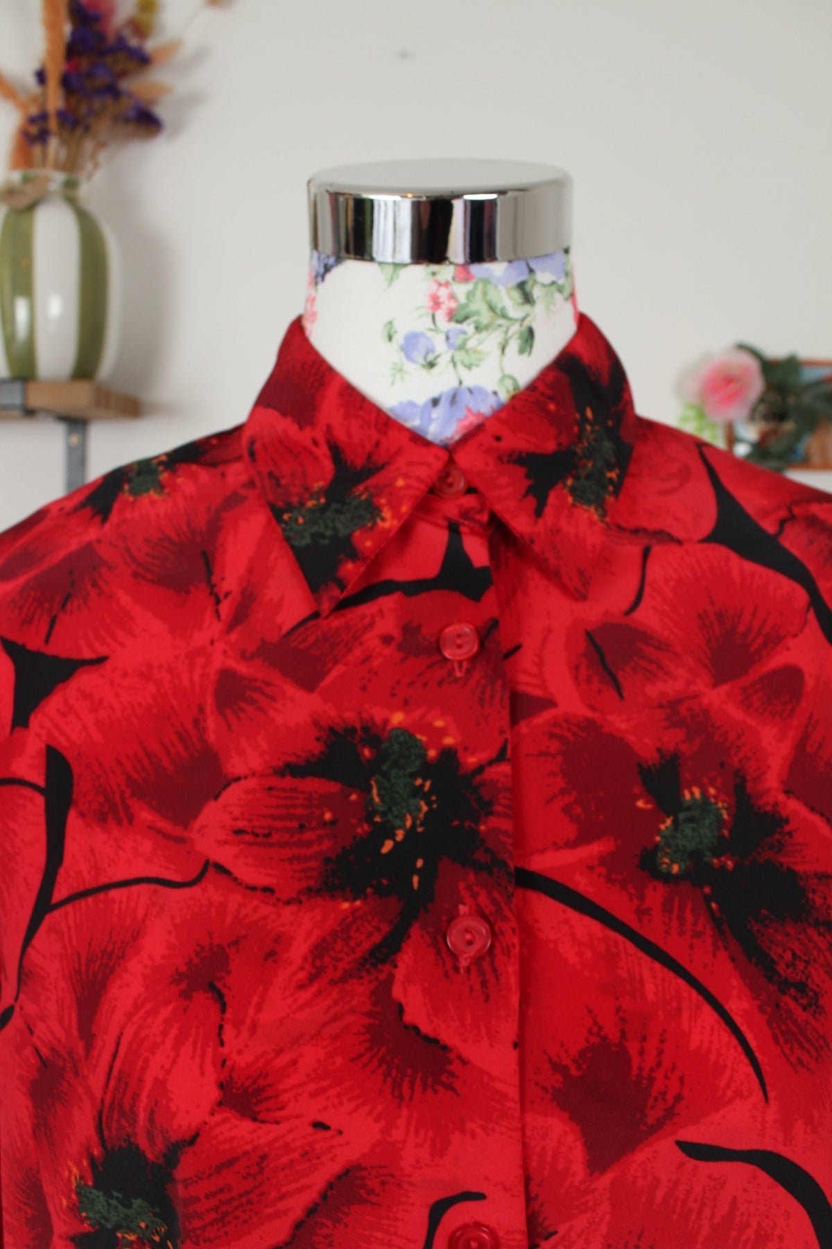Chemise vintage années 80 romantique motif coquelicots - Taille 40/42