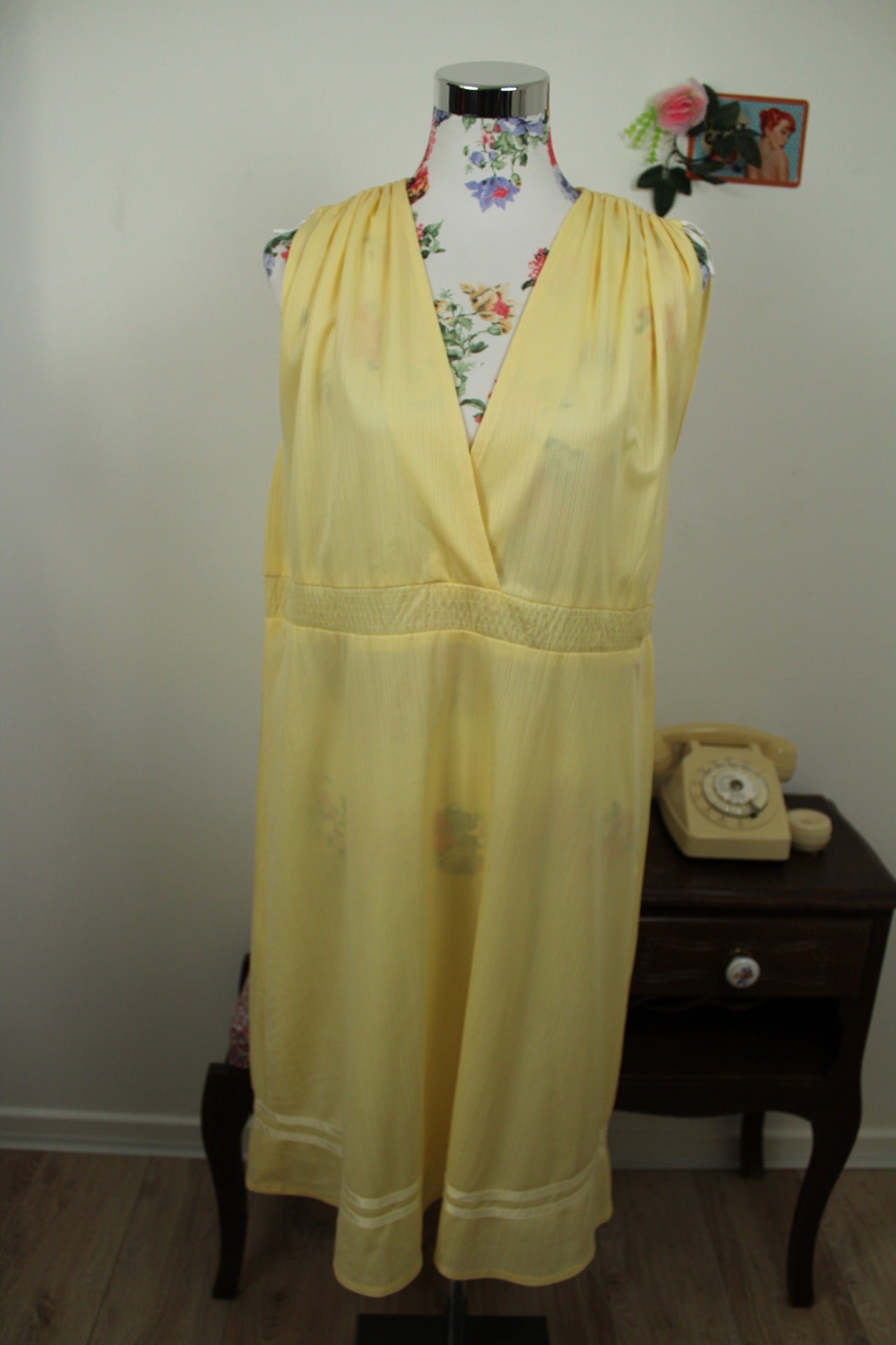 🌸🍒Robe vintage 80/90's drapée jaune crème & coupe empire - Taille 40🍒🌸