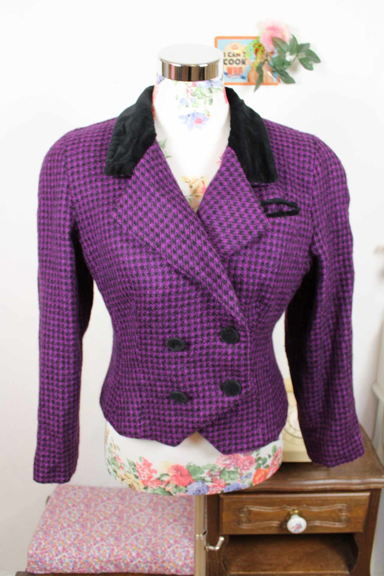 🌸🍒Veste vintage 80's pure laine pieds de poule violette & velours noir - Made in Italy - Taille 38🍒🌸