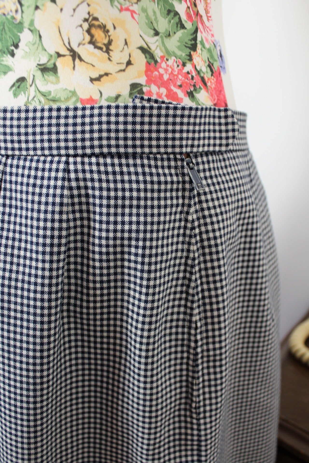 🌸🍒Jupe vintage 80's à carreaux vichy marine & blanc - Taille 42🍒🌸