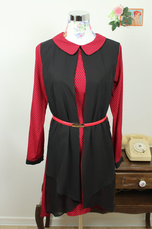 🍒🌸Robe vintage 80's pois rouge & noir - col claudine style pin-up rockabilly - Taille 38/40🌸🍒