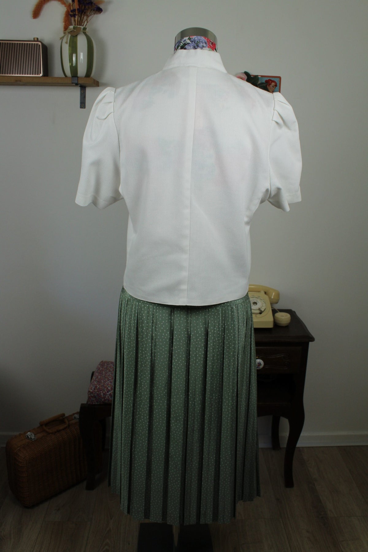 Jupe vintage années 80 style pin-up vert sauge à pois - Taille 42/44