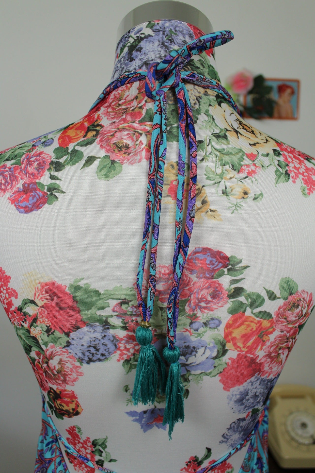 🌸🍒Robe longue en soie summer vives turquoise, paisley & fleurs stylisées - Taille 40/42🍒🌸