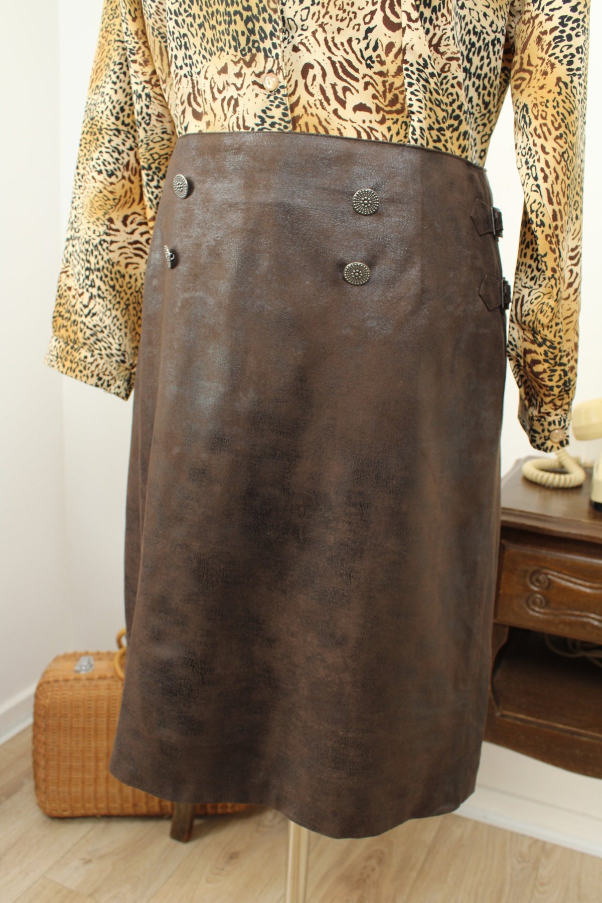 Jupe vintage années 90/2000 Julie Guerlande marron effet daim texturé oldschool - Taille 40