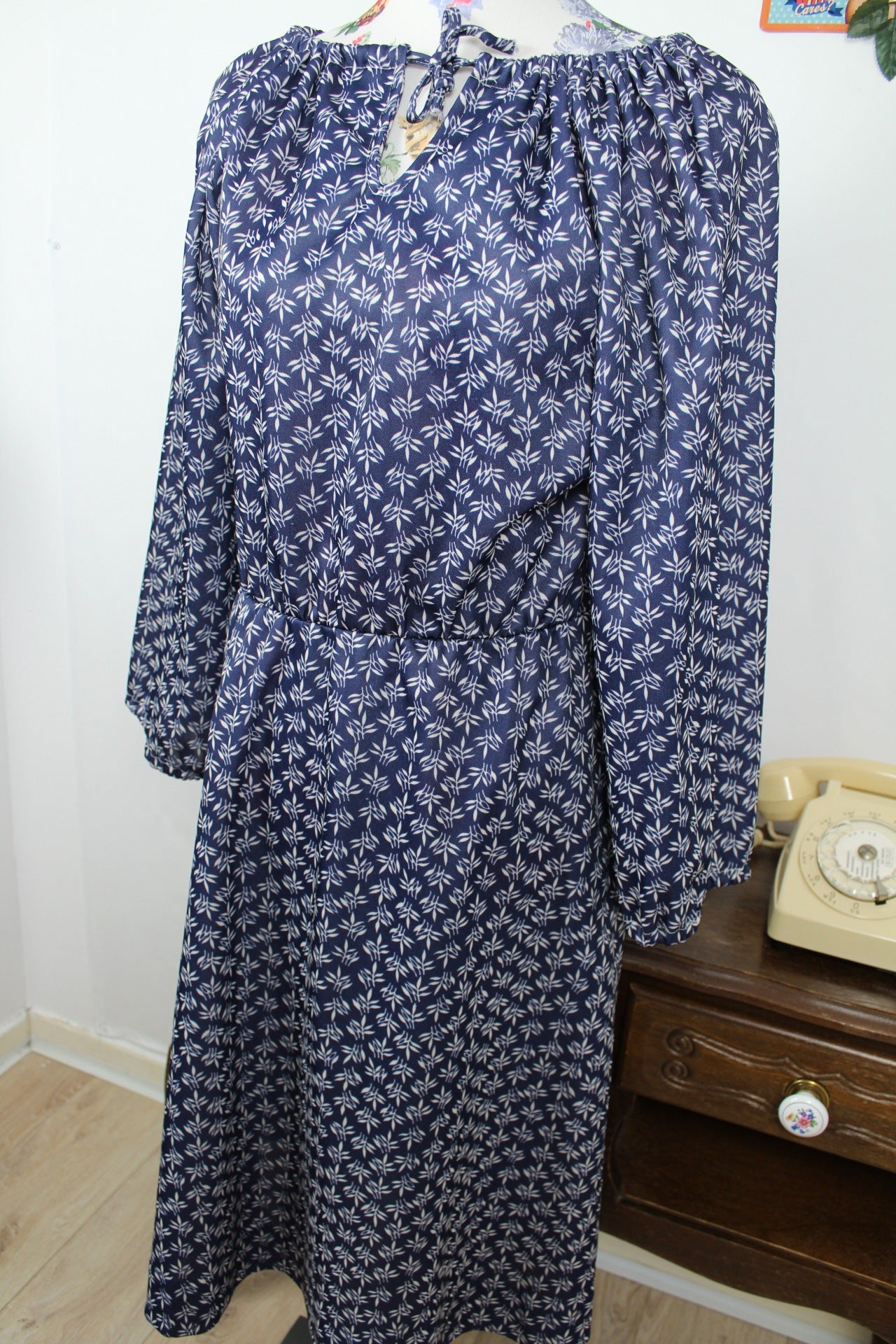 🌸🍒Robe vintage 70/80s romantique bohème - bleu marine & manches larges - Taille 38/40🍒🌸