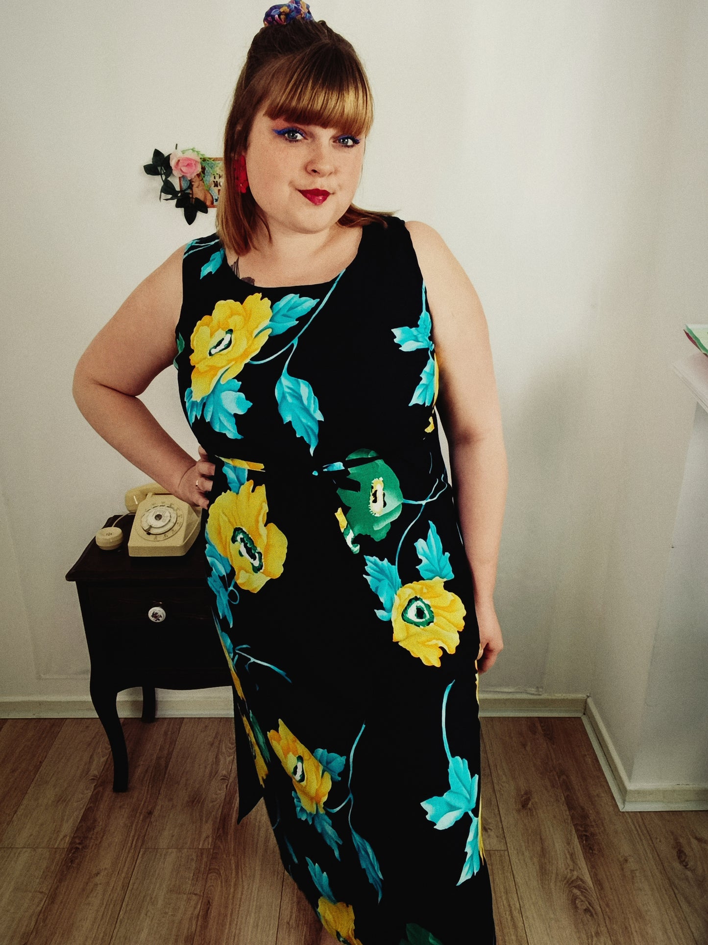 🌸🍒Robe longue vintage 90's bleue marine - fleurs jaunes ensoleillées XXL - Taille 42/44🍒🌸