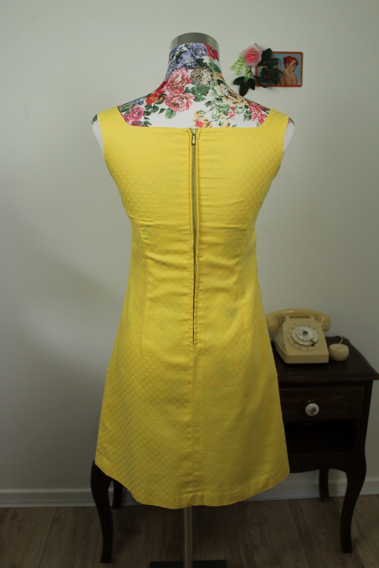 🌸🍒Robe vintage 60's jaune soleil carreaux tissés - Taille 34/36🍒🌸