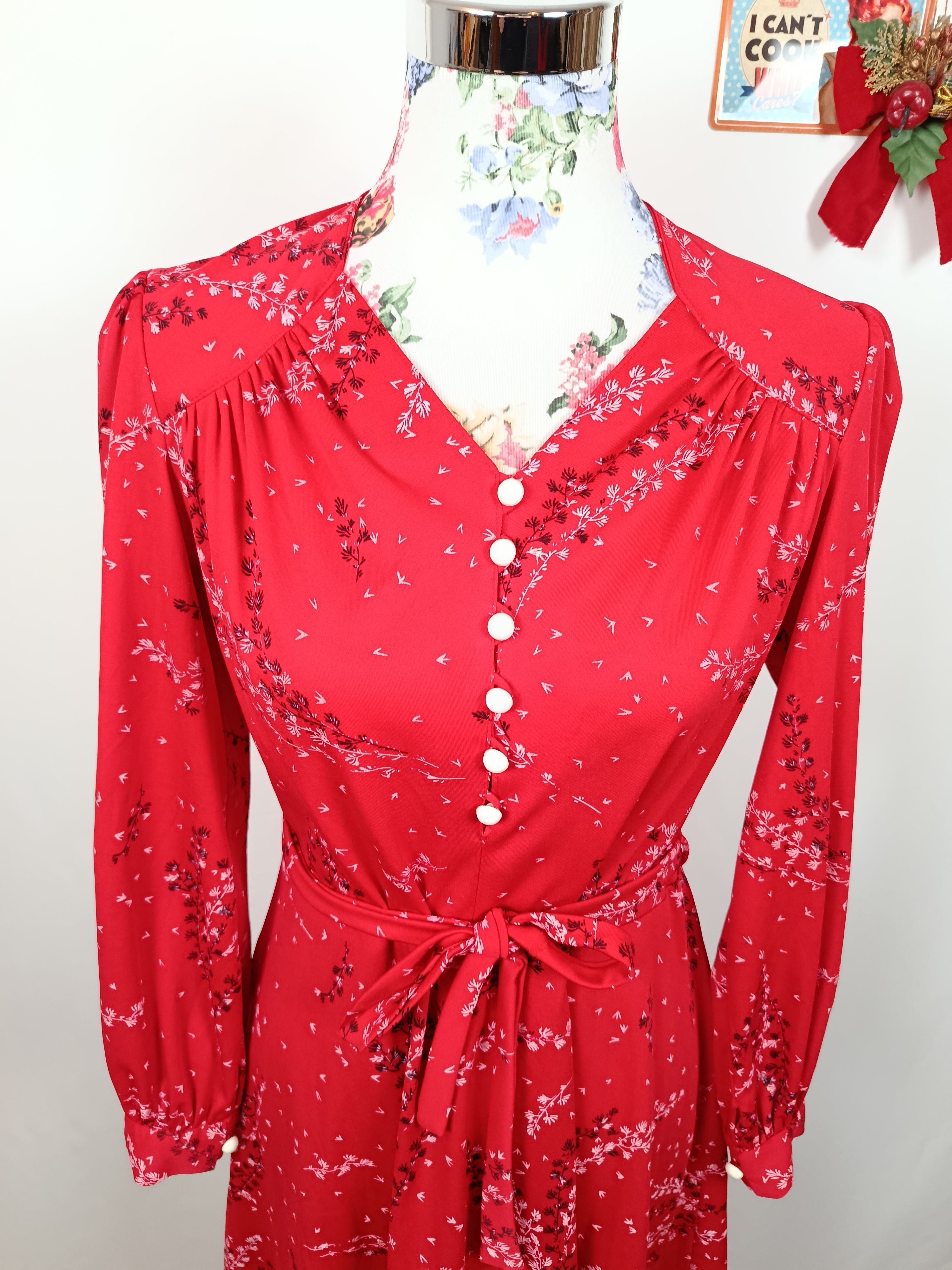 ✨Robe rouge vintage 70's Basma - branchage fleuri esprit Noël parisienne chic✨