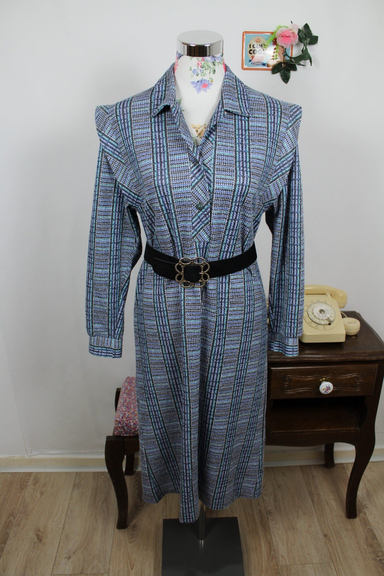 🌸🍒Robe vintage 70/80's d'hiver graphique bleu & verte - ceinture incluse - Taille 38/40🍒🌸