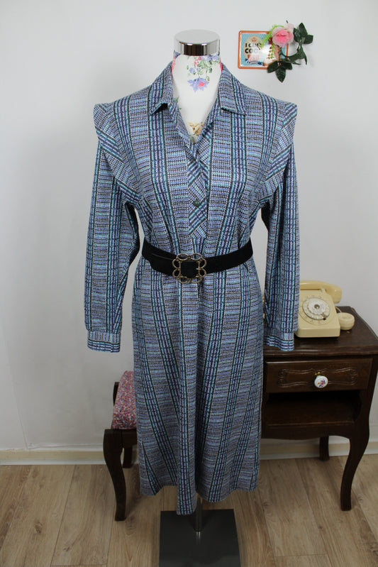🌸🍒Robe vintage 70/80's d'hiver graphique bleu & verte - ceinture incluse - Taille 38/40🍒🌸