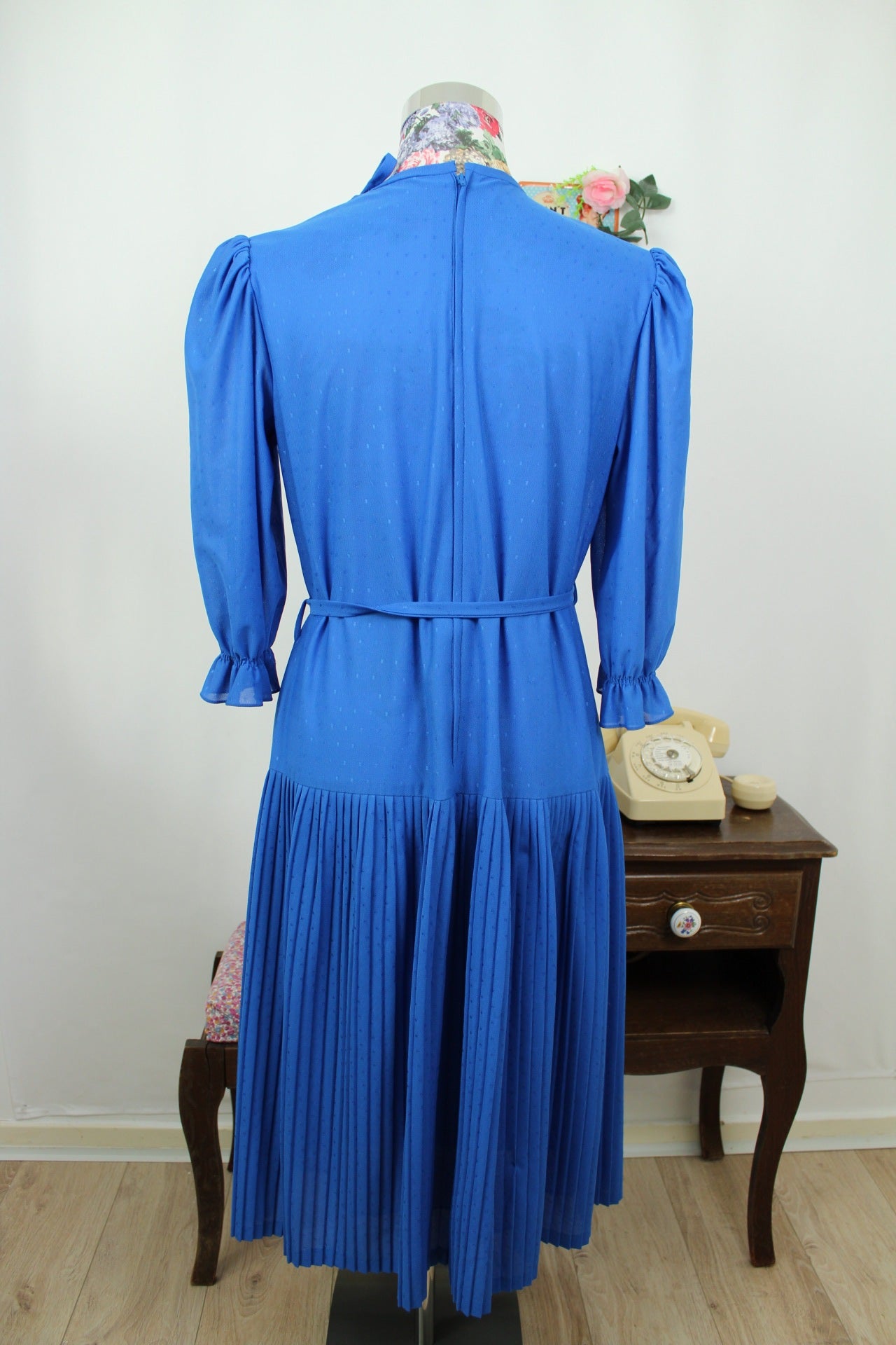 🌸🍒Robe bleue plissée vintage 70/80's manches bouffantes - Taille 40/42🍒🌸