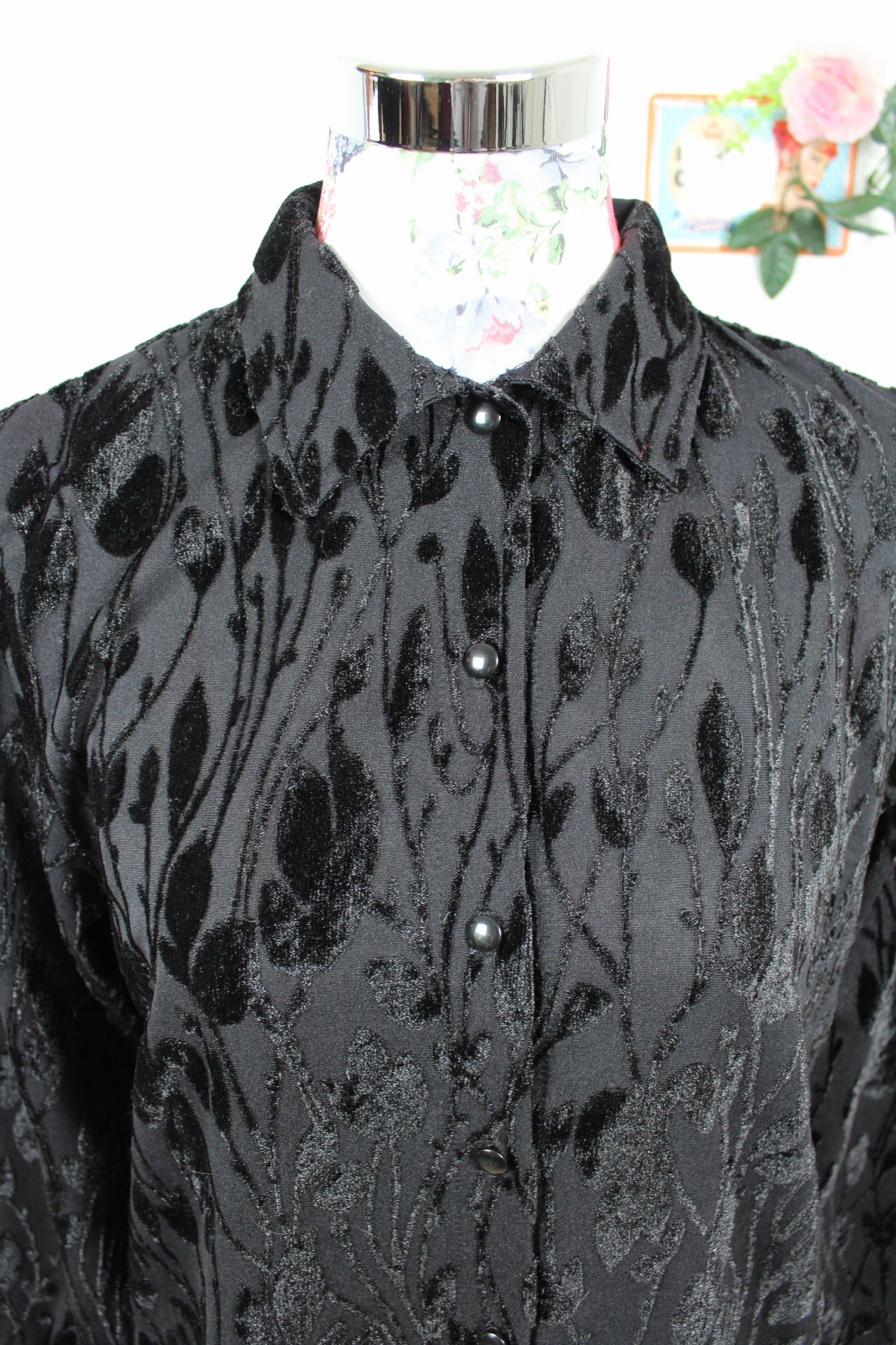 🌸🍒Chemise noire vintage fleurs en velours années 80 - Taille 38/40🍒🌸