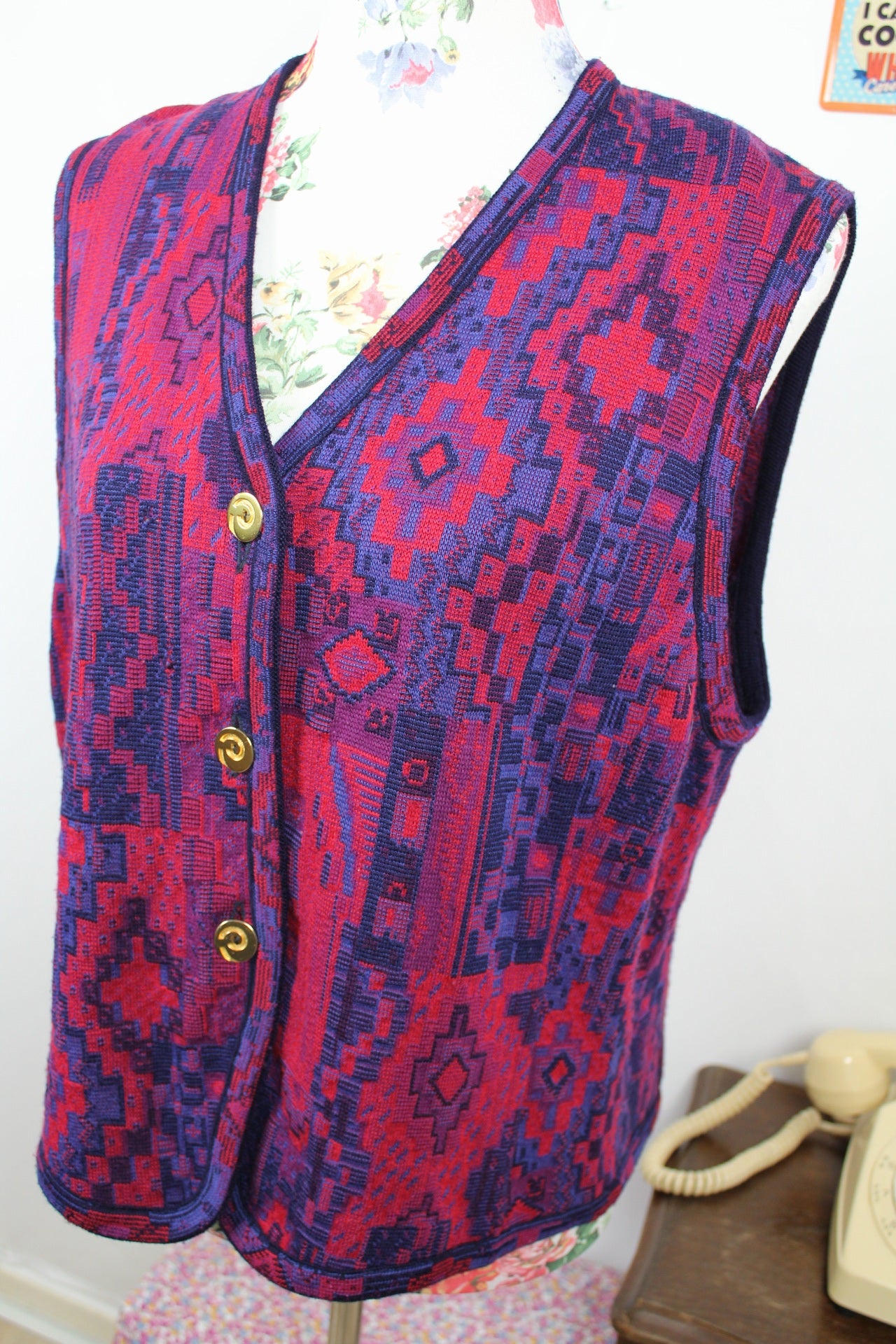 🌸🍒Gilet vintage Devernois Paris 80's - jacquard graphique bordeaux & violet 🍒🌸