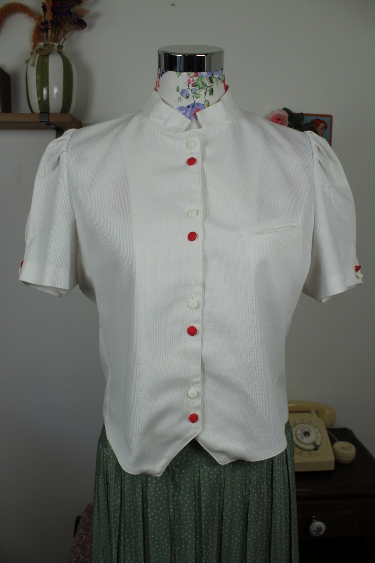 Chemisier blanc vintage années 80/90 en coton épais côtelé - Taille 38/40