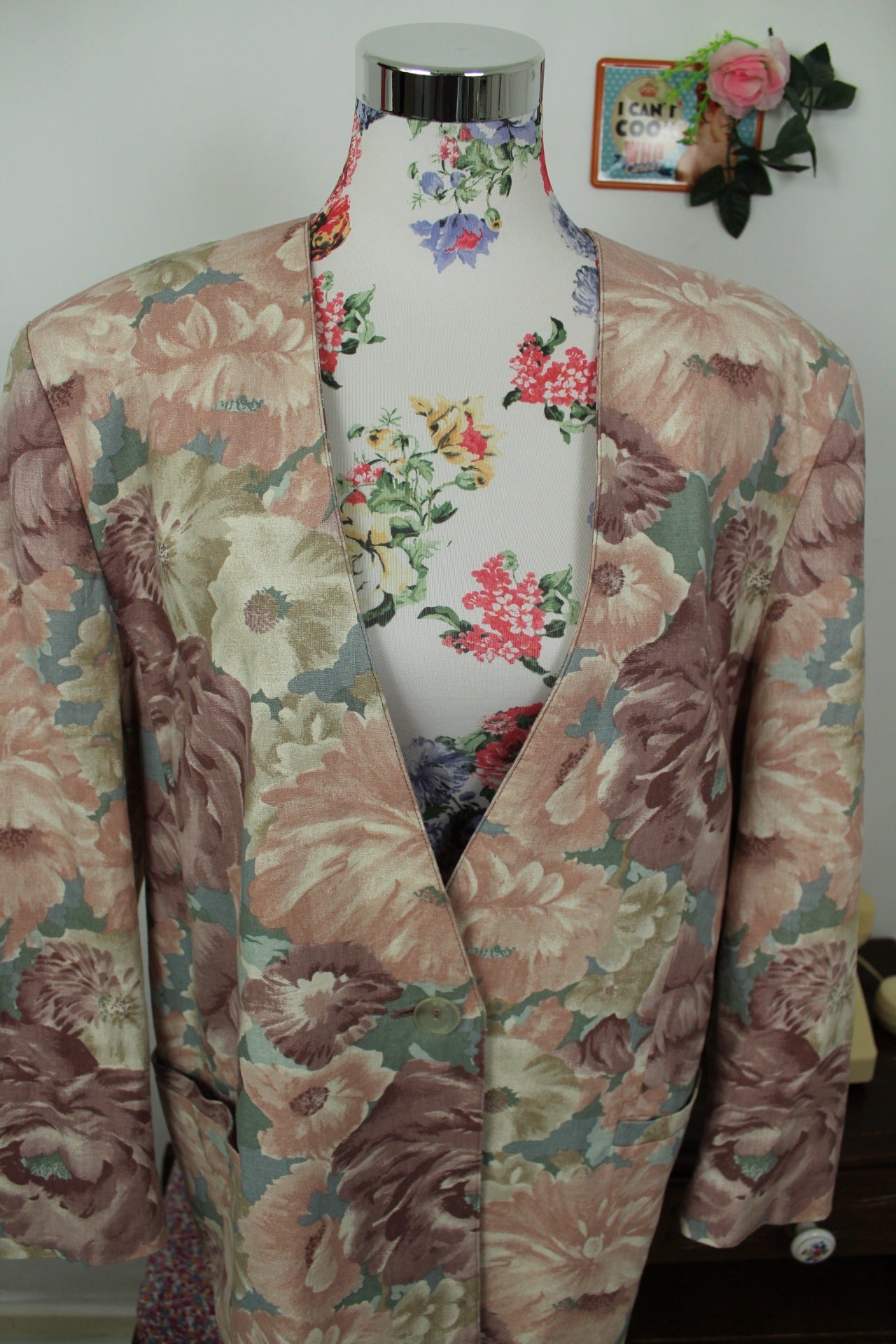 🌸🍒Veste vintage 90's fleurs pastel esprit tapisserie romantique en lin - Taille 44🍒🌸
