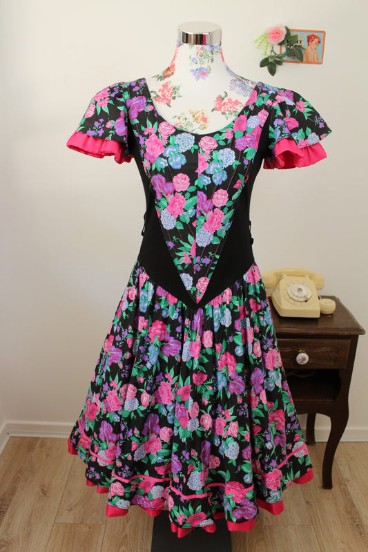 🌸🍒Robe vintage 80s plastron corset fleurie bohème romantique folk jupe évasée - Taille 36/38🍒🌸