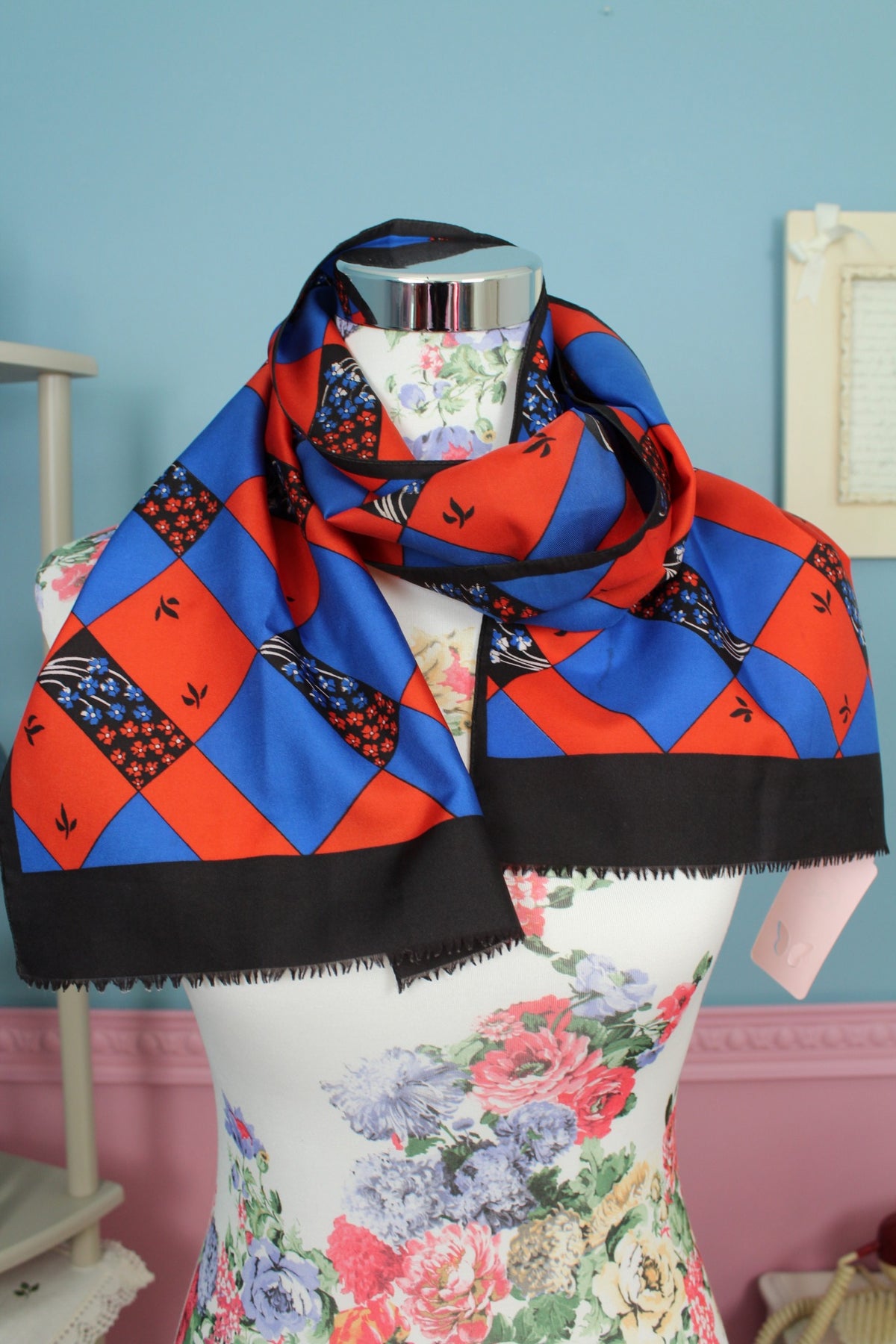 Foulard vintage années 70 carreaux bleus & rouges pep's fleuris