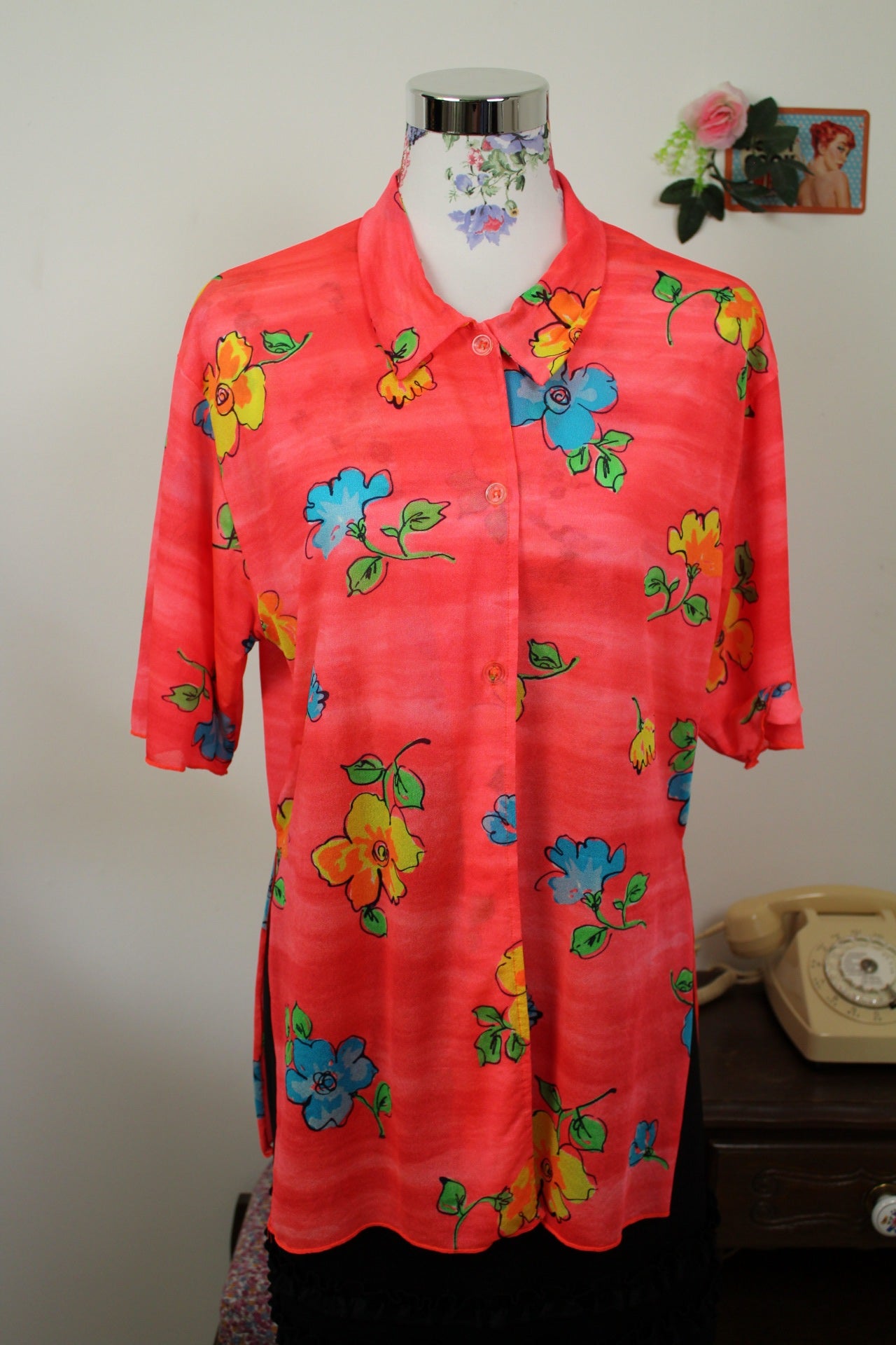🌸🍒Chemise vintage 90's fleurs de Lys XXL tons chauds - Taille 38/40🍒🌸