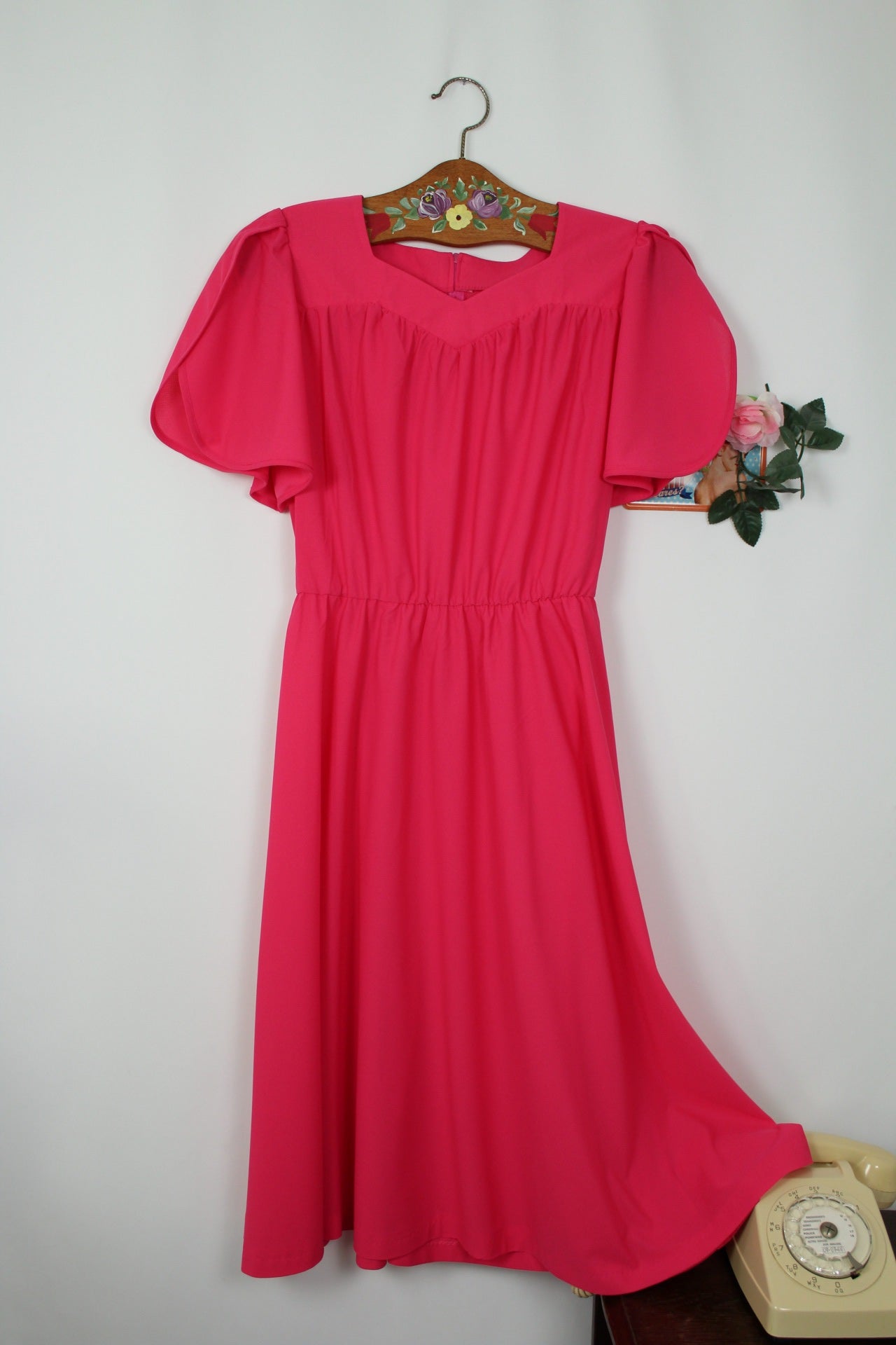 🌸🍒Robe vintage 80's fuchsia flashy & manches retombantes fendues - Taille 36/38🍒🌸