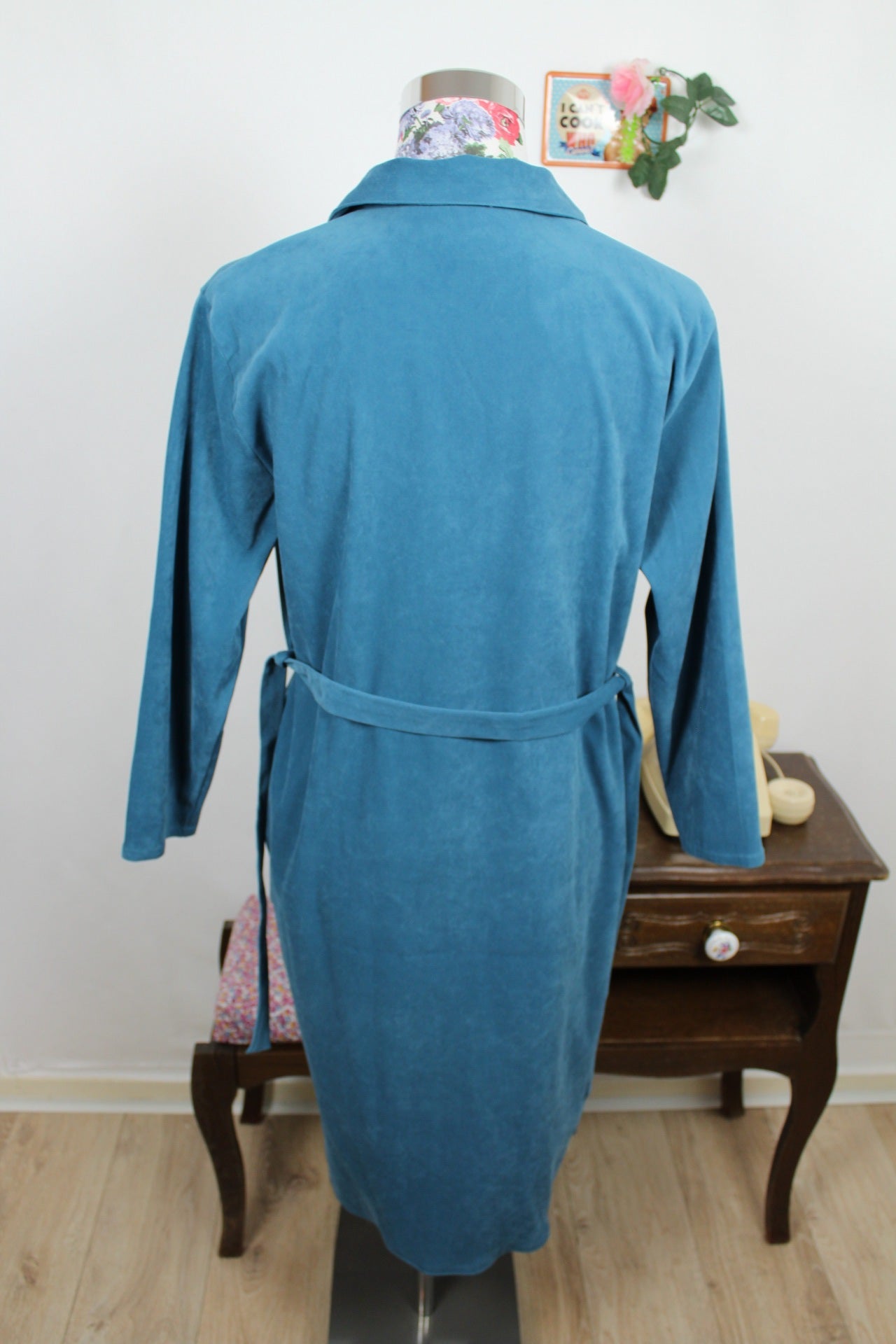 🌸🍒Robe bleu vintage velours lisse - esprit chemise ceinturée - années 90 - Taille 40/42🍒🌸