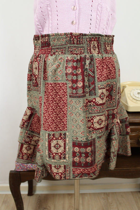 🌸🍒Jupe Agathe Velmont volantée motifs géométriques & fleurs style bohème - Taille 40/42🍒🌸