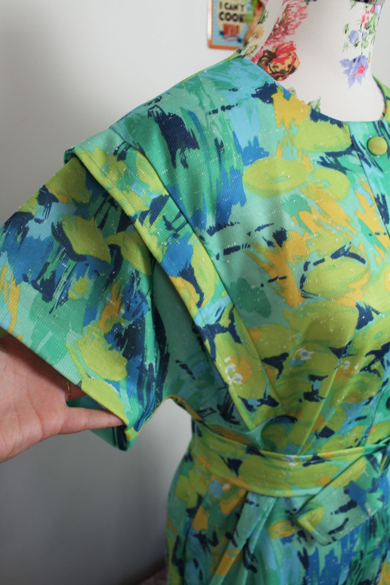 🌸🍒Robe verte vintage 80's arty esprit coups de pinceau Picasso et ceinture - Taille 42/44🍒🌸
