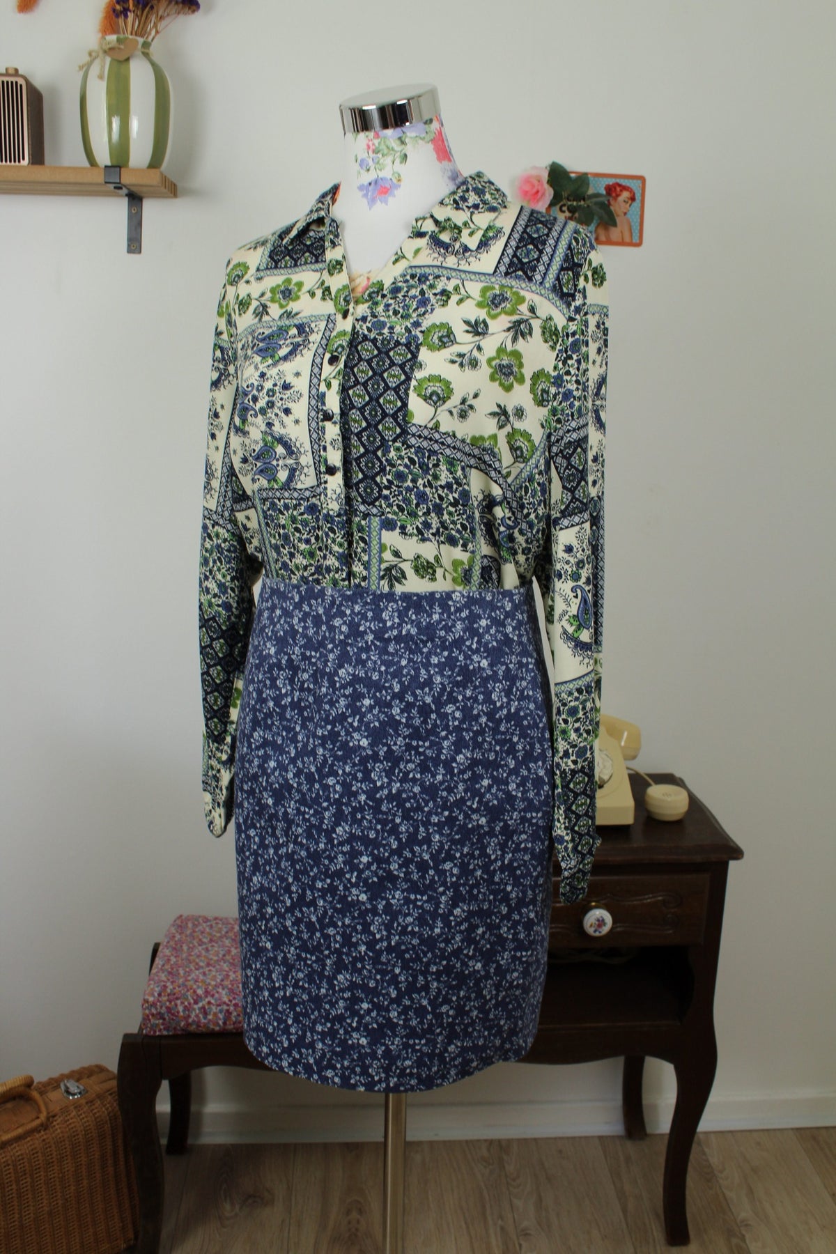 Jupe vintage années 90 Nina Kalio en denim effet fleuri liberty - Taille 40
