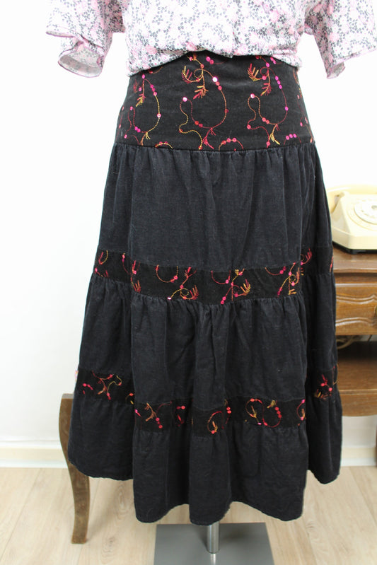 🌸🍒Jupe vintage 90's en velours côtelé brodé - esprit bohème romantique - Taille 38🍒🌸