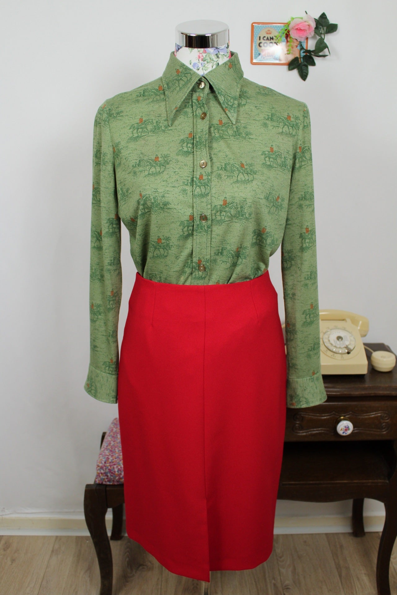 🌸🍒Chemise vintage 70's "chasse à courre" chevaux - made in France - Taille 38🍒🌸