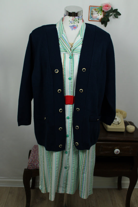 🌸🍒Cardigan vintage 90's C&A bleu marine & boutons bijoux - Taille 42/44🍒🌸