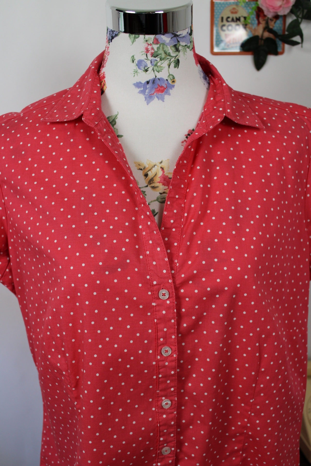 🌸🍒Chemise manches courtes vintage 90s/2000s rose bonbon à pois pin-up - Taille 42/44🍒🌸
