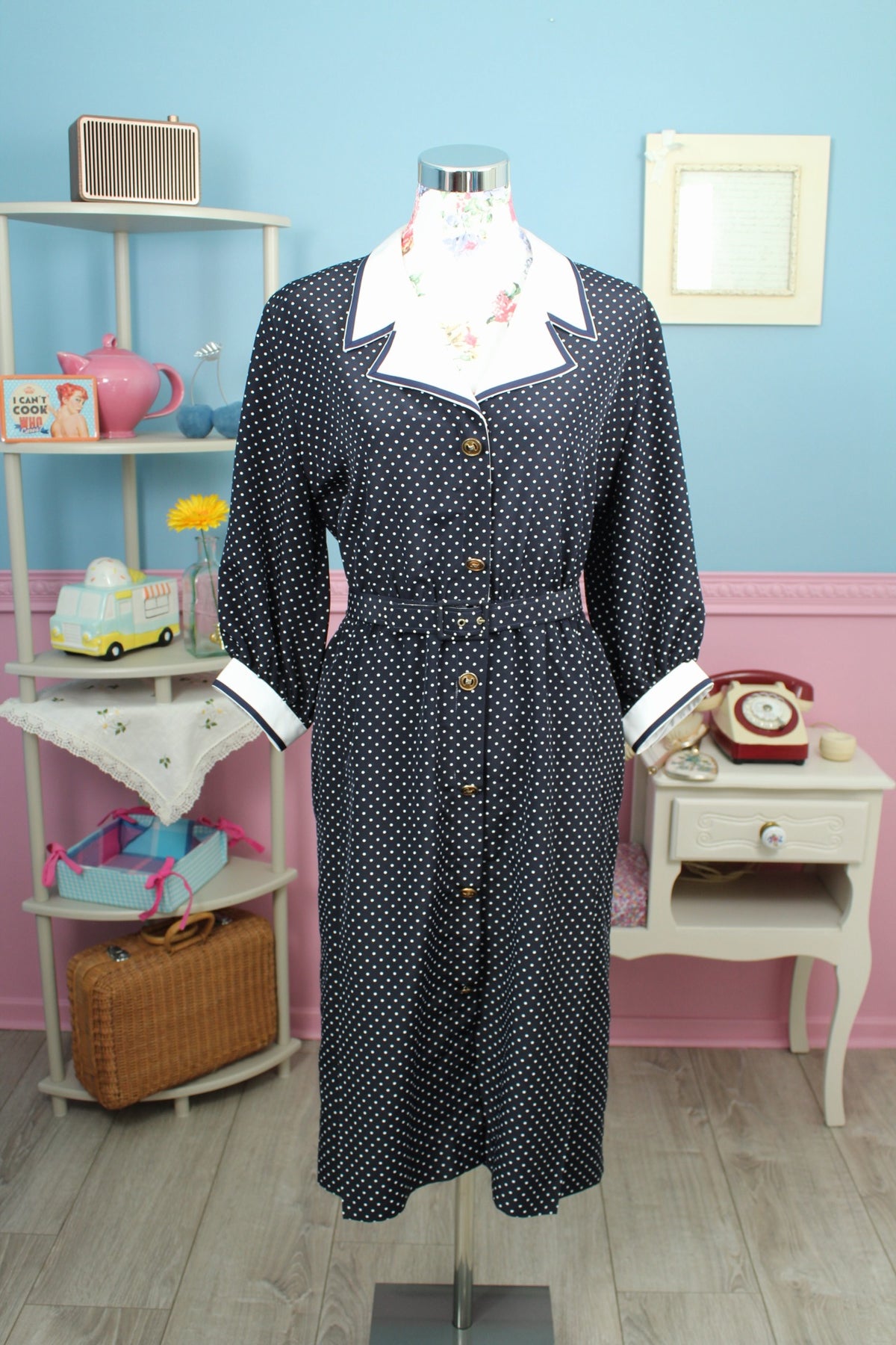 Robe années 80 bleu marine à pois pin-up Navy preppy vintage - Taille 40/42