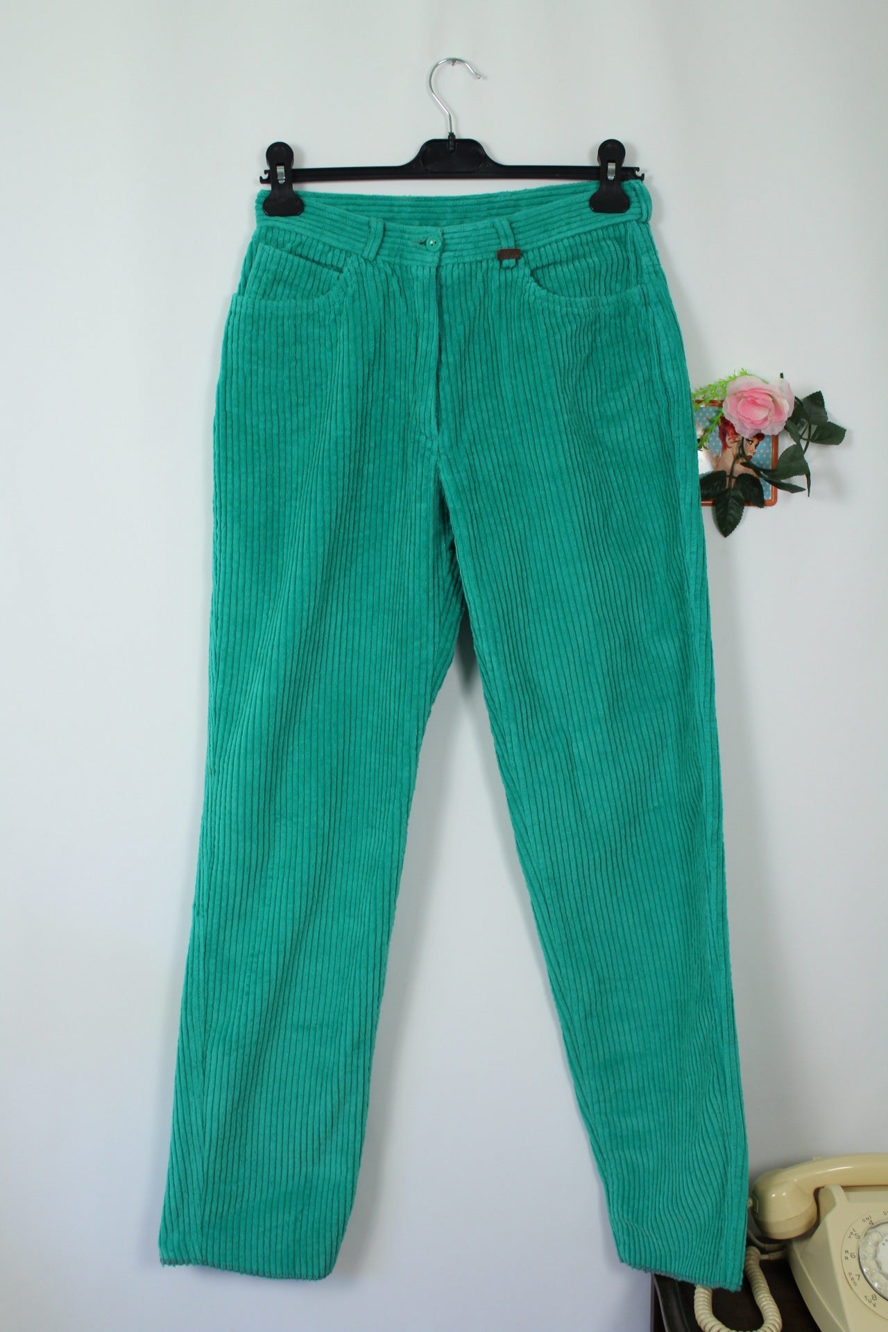 🍒🌸Pantalon vintage turquoise 80's en velours côtelé coton bombaz - Taille 38🌸🍒