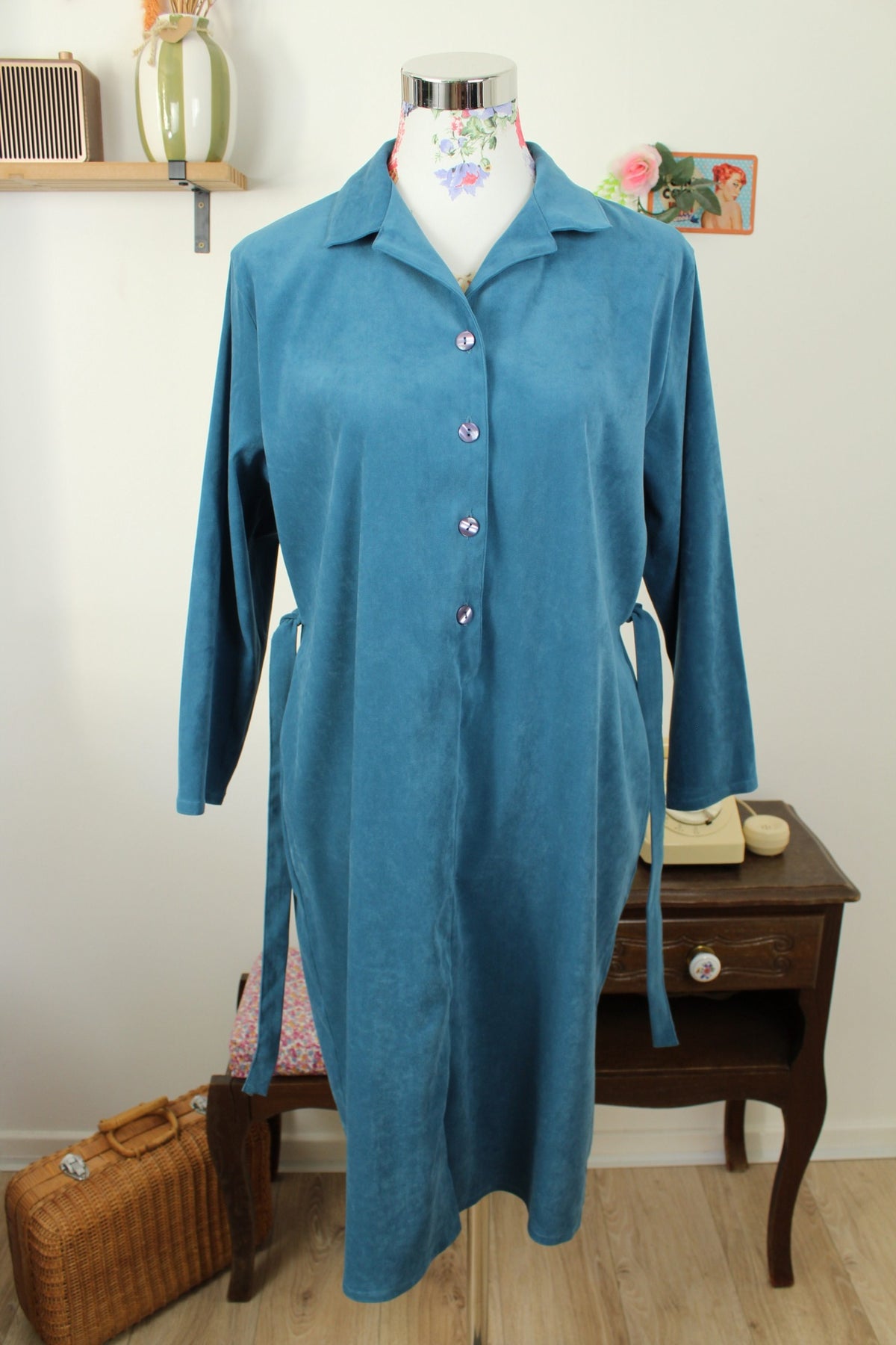 Robe bleu vintage années 90 velours lisse - esprit chemise ceinturée - Taille 40/42
