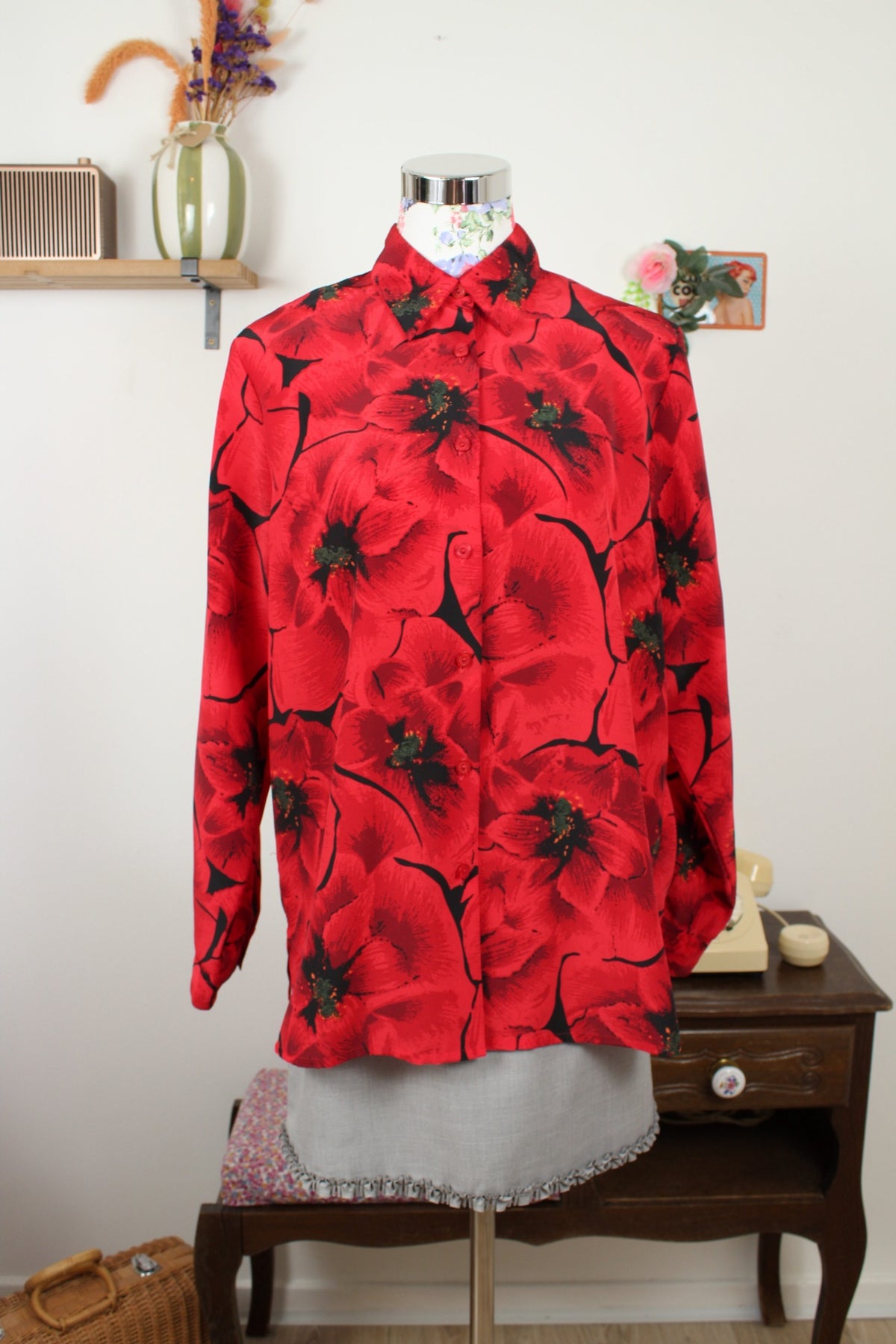 Chemise vintage années 80 romantique motif coquelicots - Taille 40/42