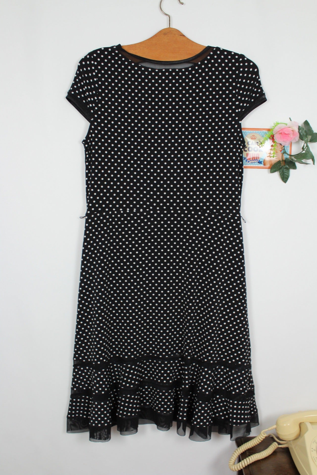 🌸🍒Robe vintage 90's noire à pois - style pin-up & volants ajourés - Joseph Ribkoff - Taille 36/38🍒🌸
