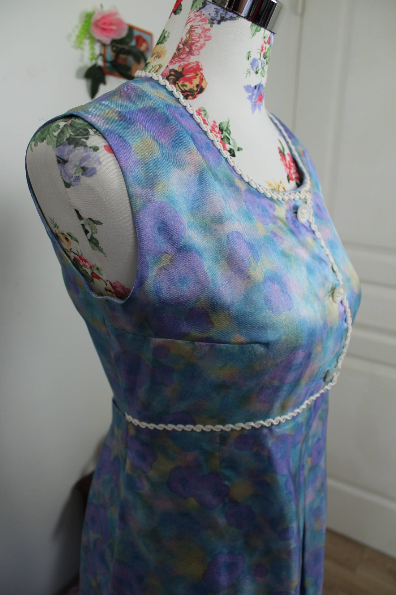 🌸🍒Robe vintage 60's fleurie aquarelle satinée - Taille 36🍒🌸