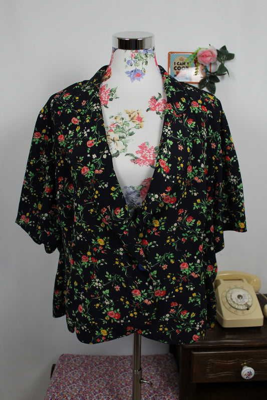 🌸🍒Chemise vintage 80's bleu marine profond & fleurs colorées - Taille 46/48🍒🌸