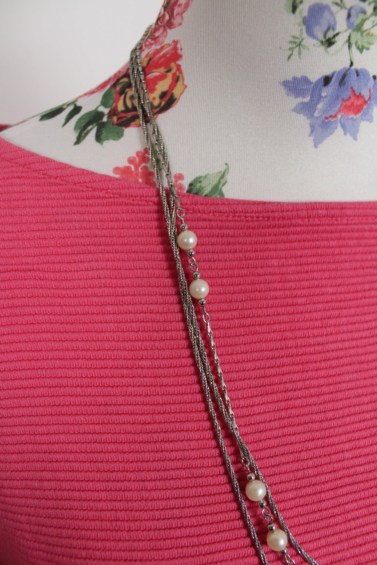 🌸🍒Collier long multi-rangs argenté & perles nacrées - années 90🌸🍒