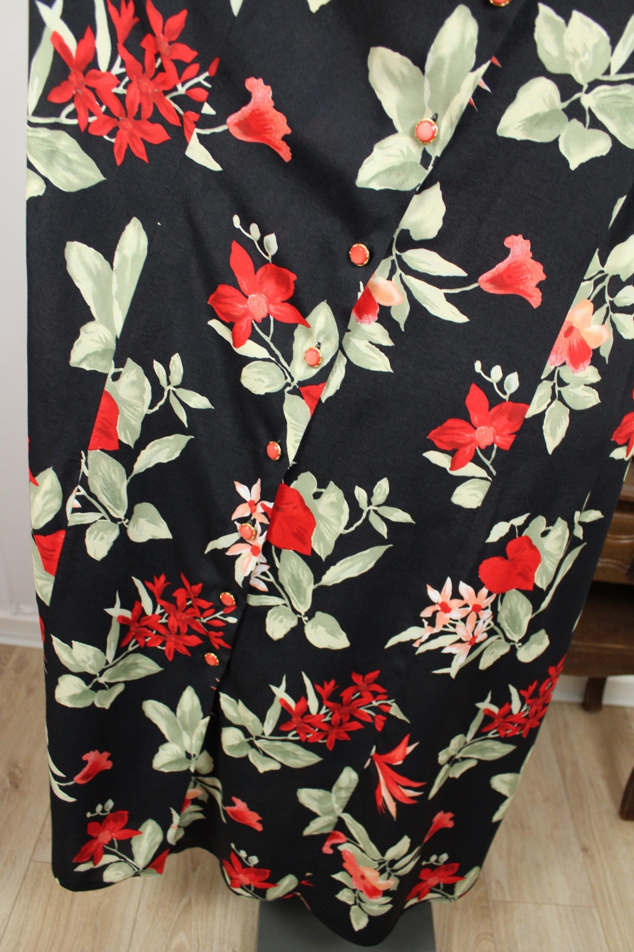 🌸🍒Robe longue vintage 90's noire & fleurs rouges romantiques - Taille 48/50🍒🌸