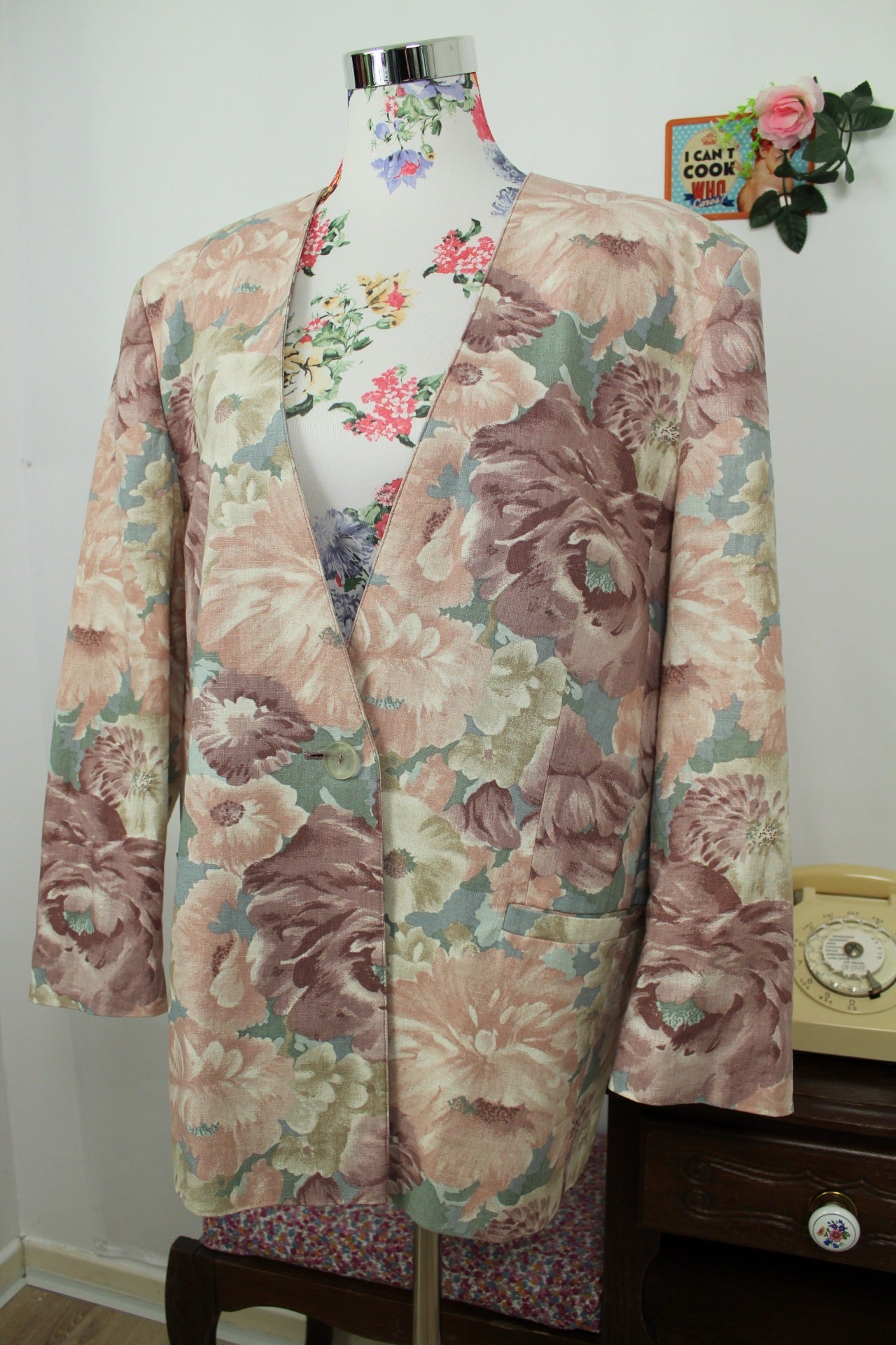 🌸🍒Veste vintage 90's fleurs pastel esprit tapisserie romantique en lin - Taille 44🍒🌸