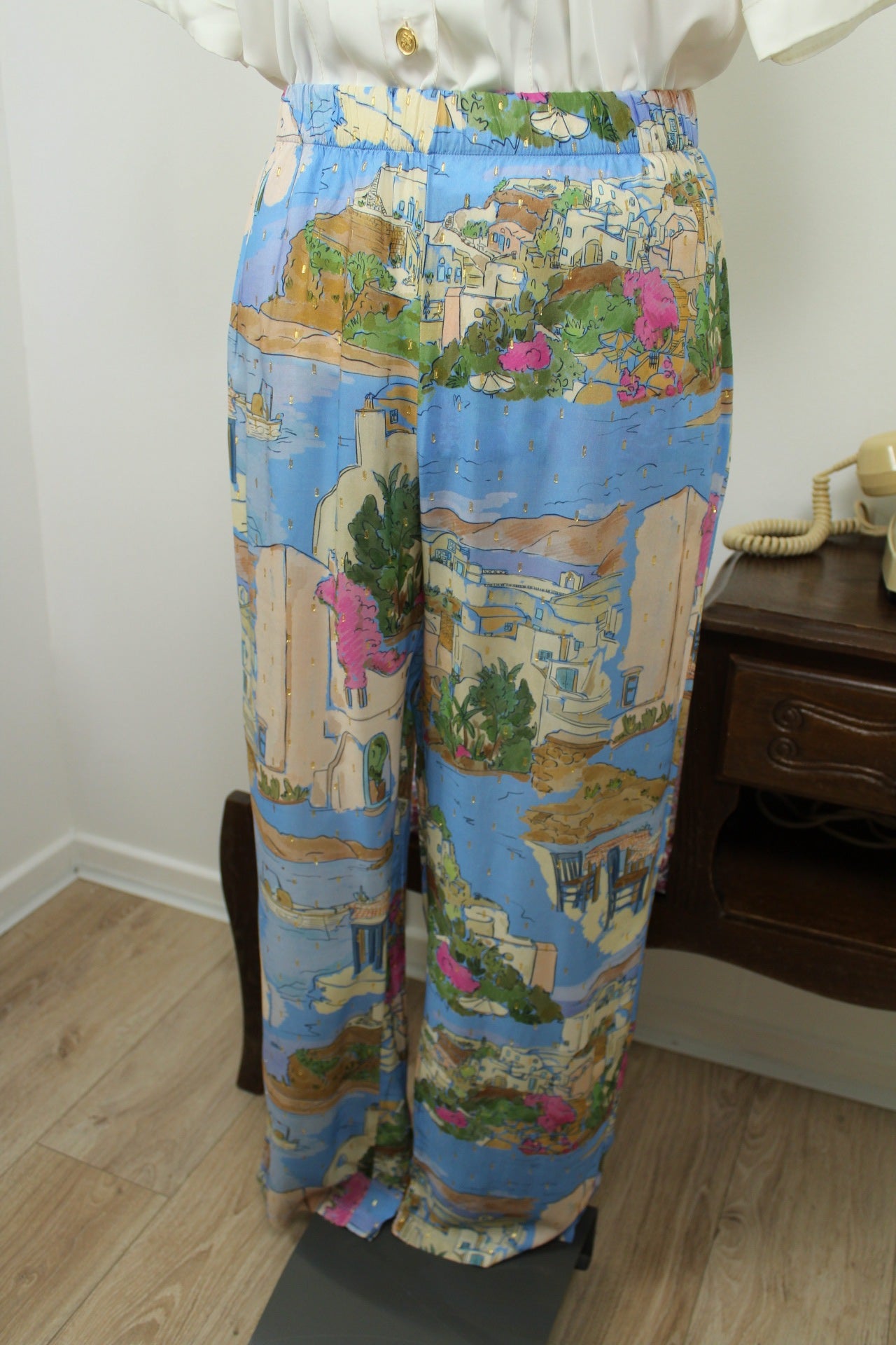 🌸🍒Pantalon fluide paysage de vacances - villages blancs & bord de mer - T.38🍒🌸