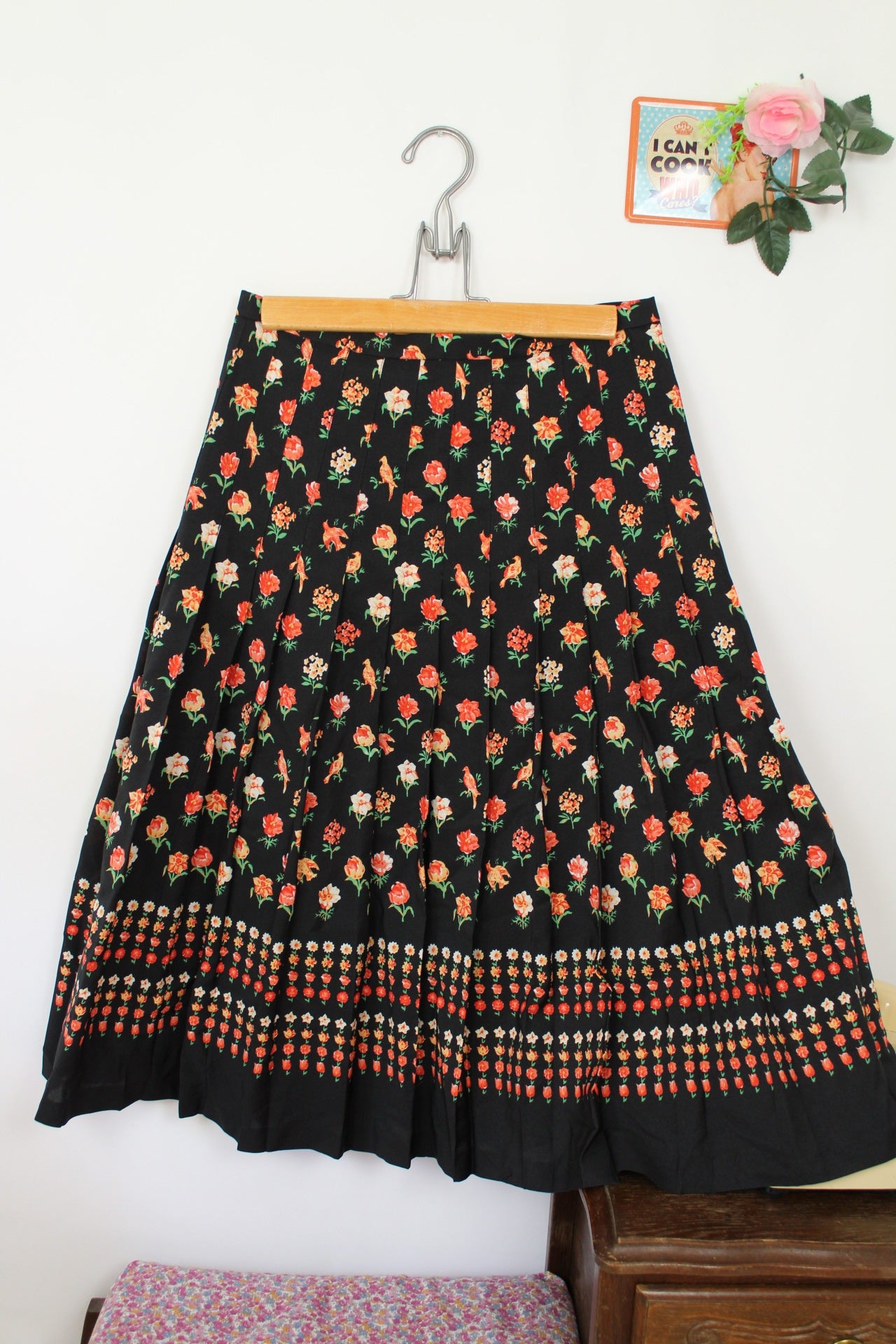 🌸🍒Jupe plissée vintage 70's romantique oiseaux & fleurs - Taille 36🍒🌸