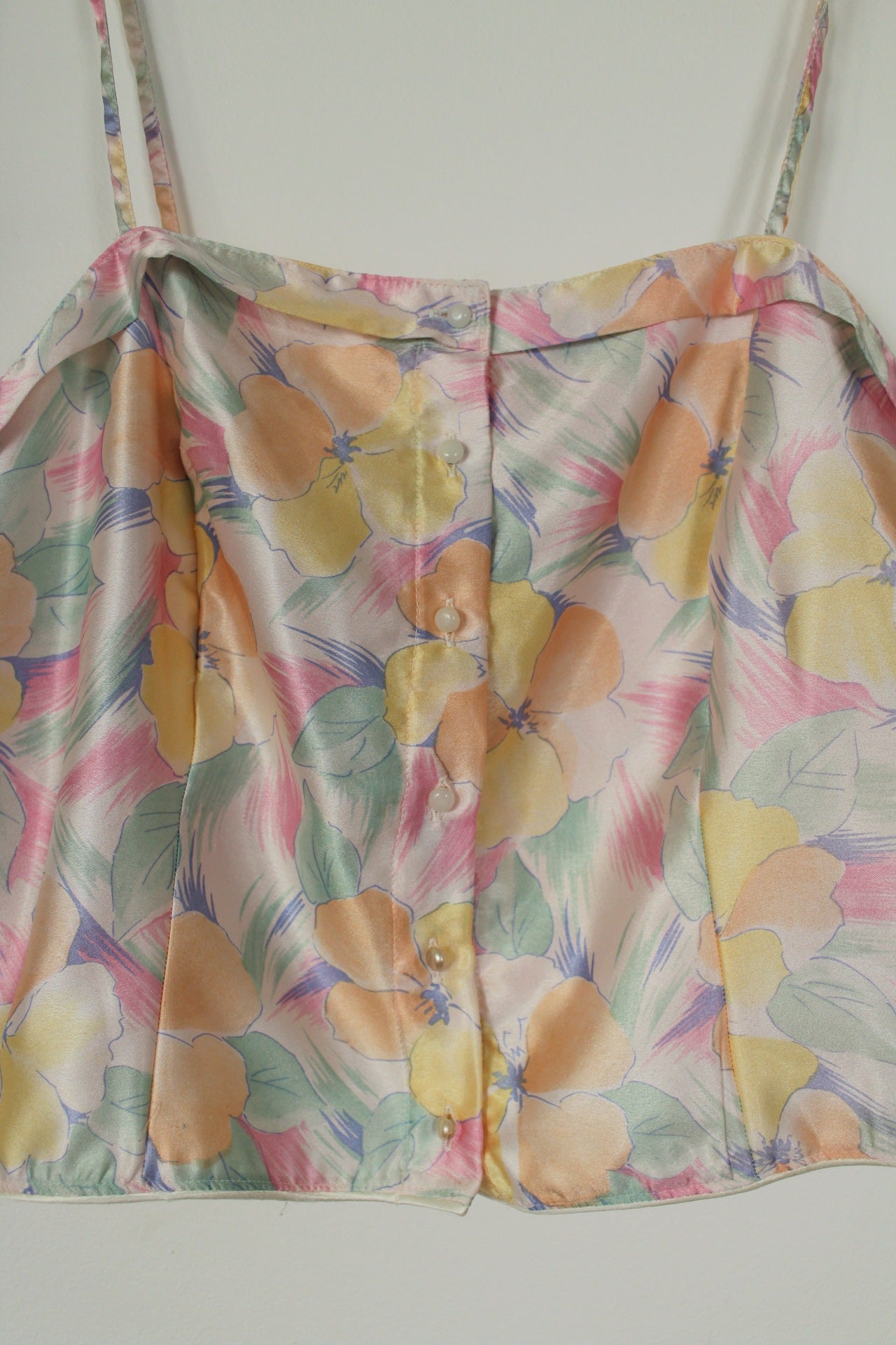 🌸🍒Top court vintage 90's bustier en satin & fleurs en aquarelle pastel - Taille 38🍒🌸