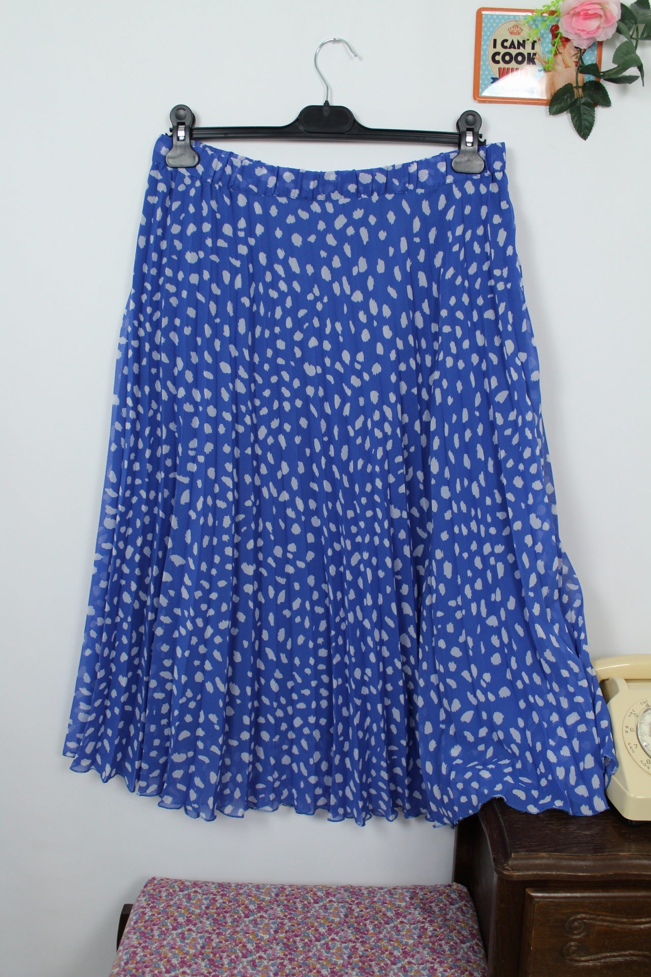 🌸🍒Jupe plissée vintage 80/90s bleue à pois - longueur midi - Taille 42/44🍒🌸